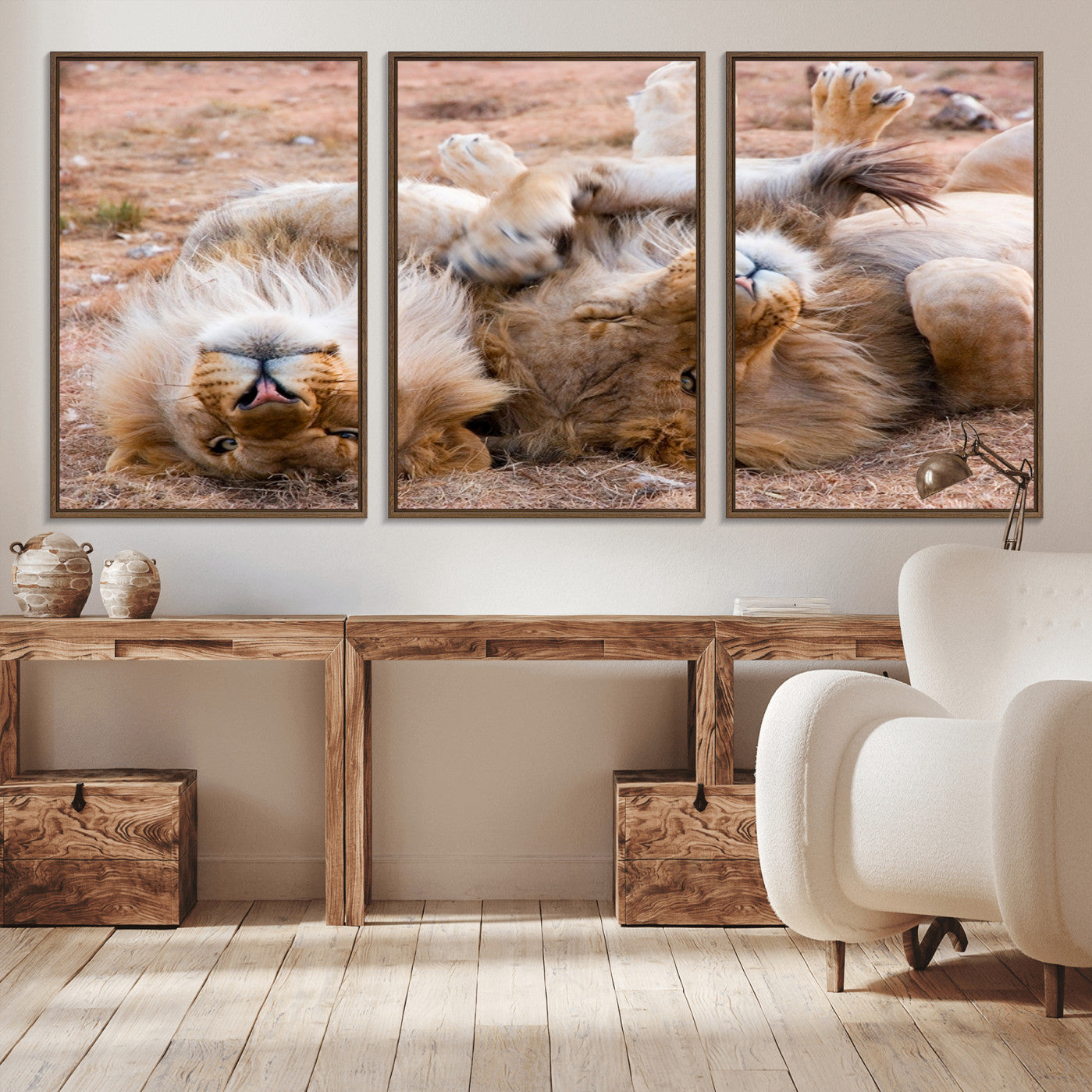 -Lion Pair Wall Art Canvas Print – Framed Wildlife Scene with Playful Lions Artwork for Home, Office, Living Room