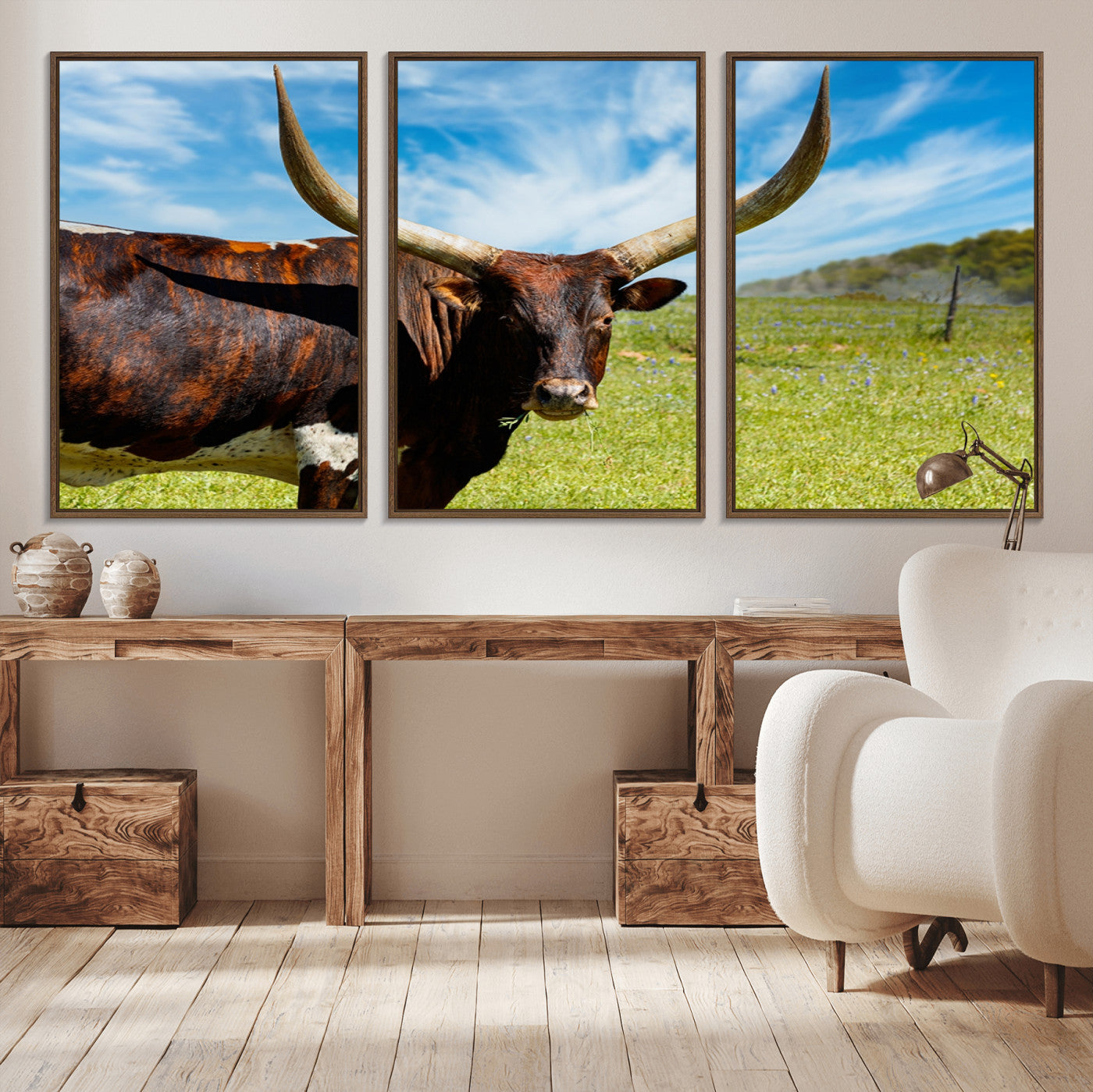 47037-MGV-CV-36X24-Longhorn and Cow Wall Art, Country Cow Wall Decor Canvas Print