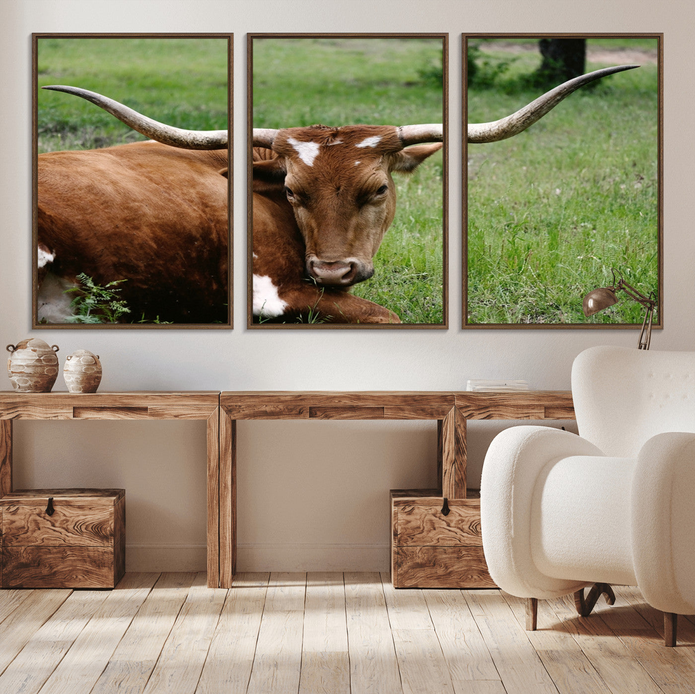 -Longhorn Steer Canvas Wall Art – Rustic Nature Triptych Decor for Living Room or Office – Ready to