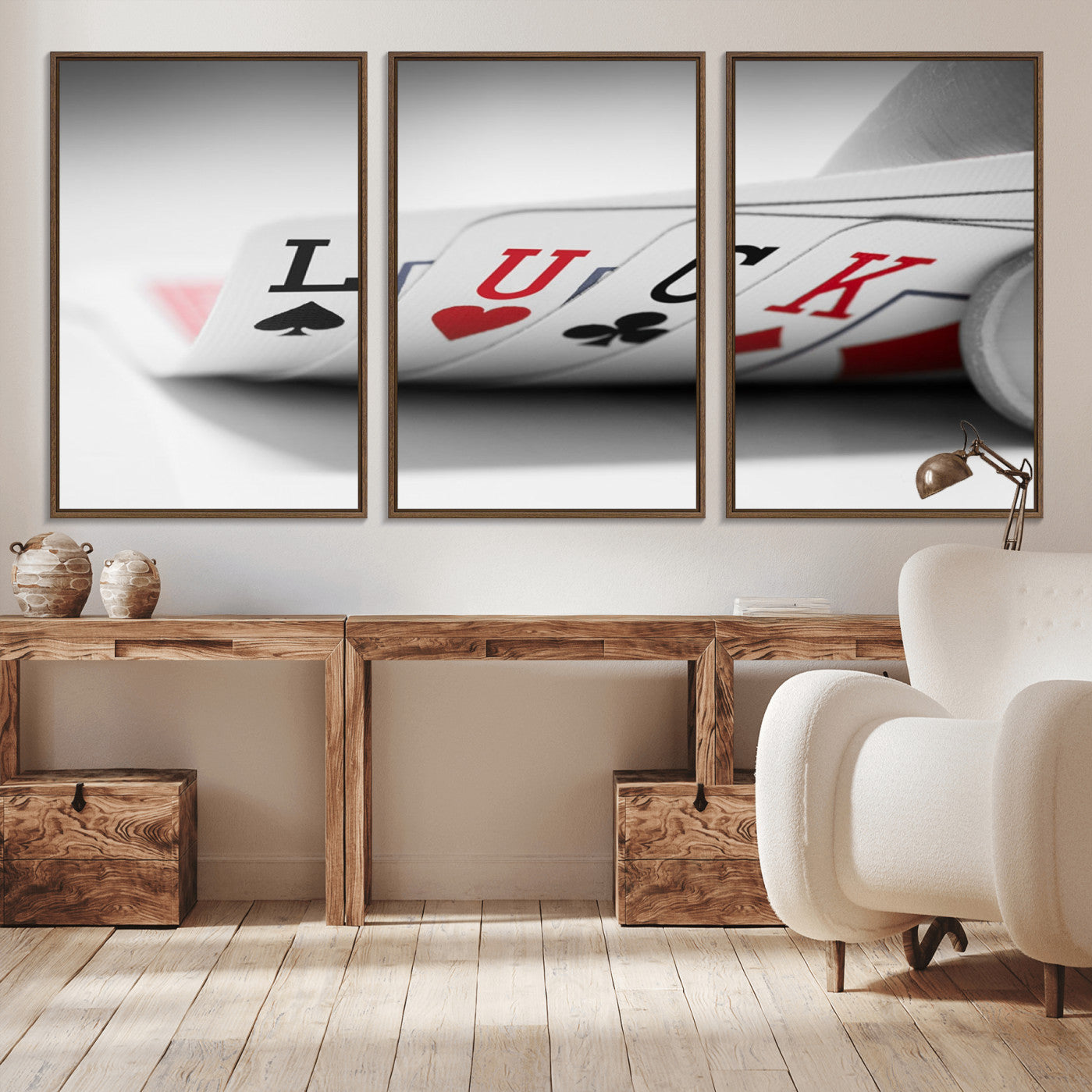 -Framed Luck Poker Cards Canvas – Modern Triptych Wall Art, Ready to Hang for Game Rooms