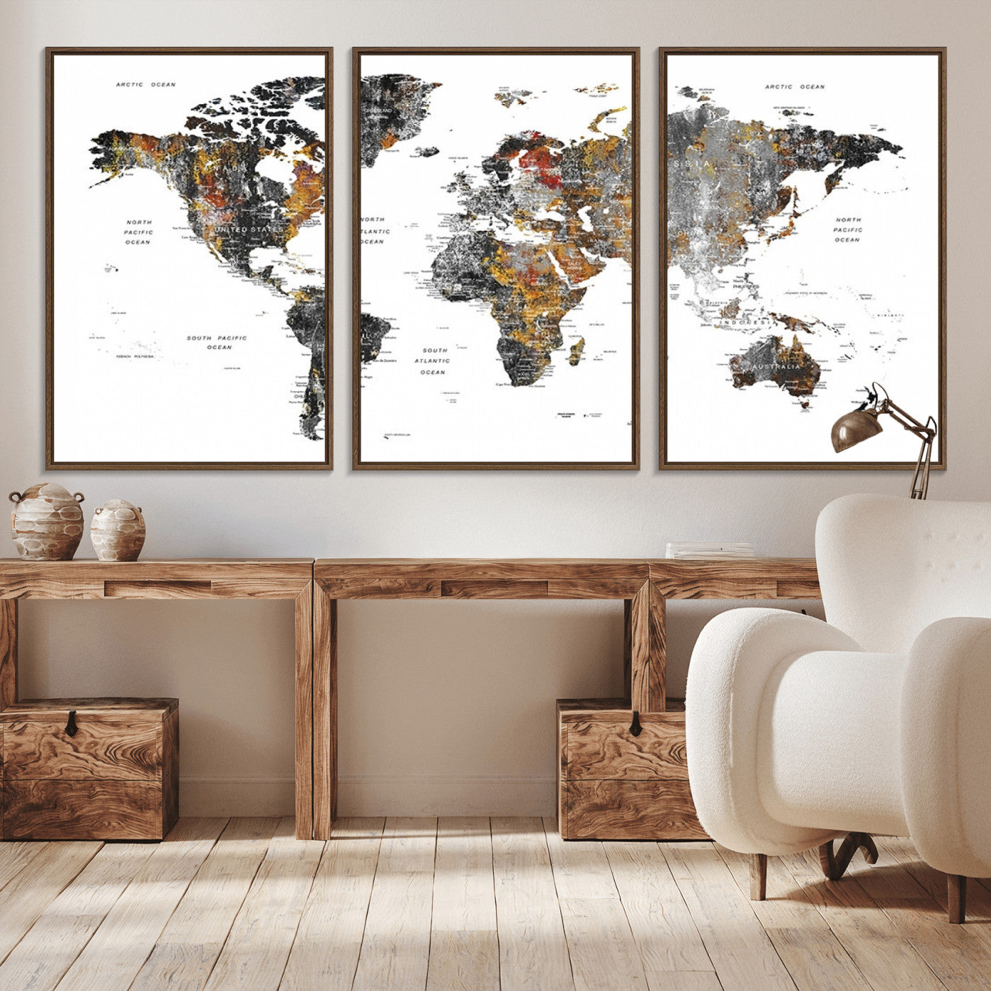 -Modern Metallic World Map Canvas Wall Art – Framed Contemporary World Map Print, Stylish Travel Inspired Decor for Home and Office Walls