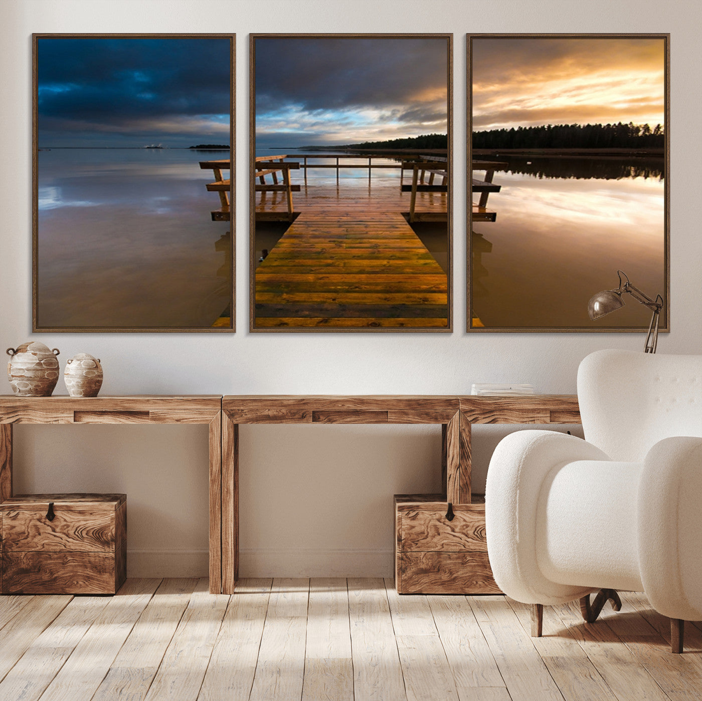 -Serene Lake Pier at Sunset Canvas Print | Landscape Canvas Print | Ready to Hang and Framed Wall Art