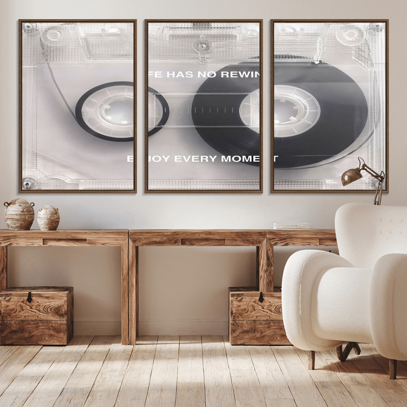 -Vintage Cassette Tape Canvas Wall Art - Inspirational 'Life Has No Rewind' Quote, Retro Music Decor