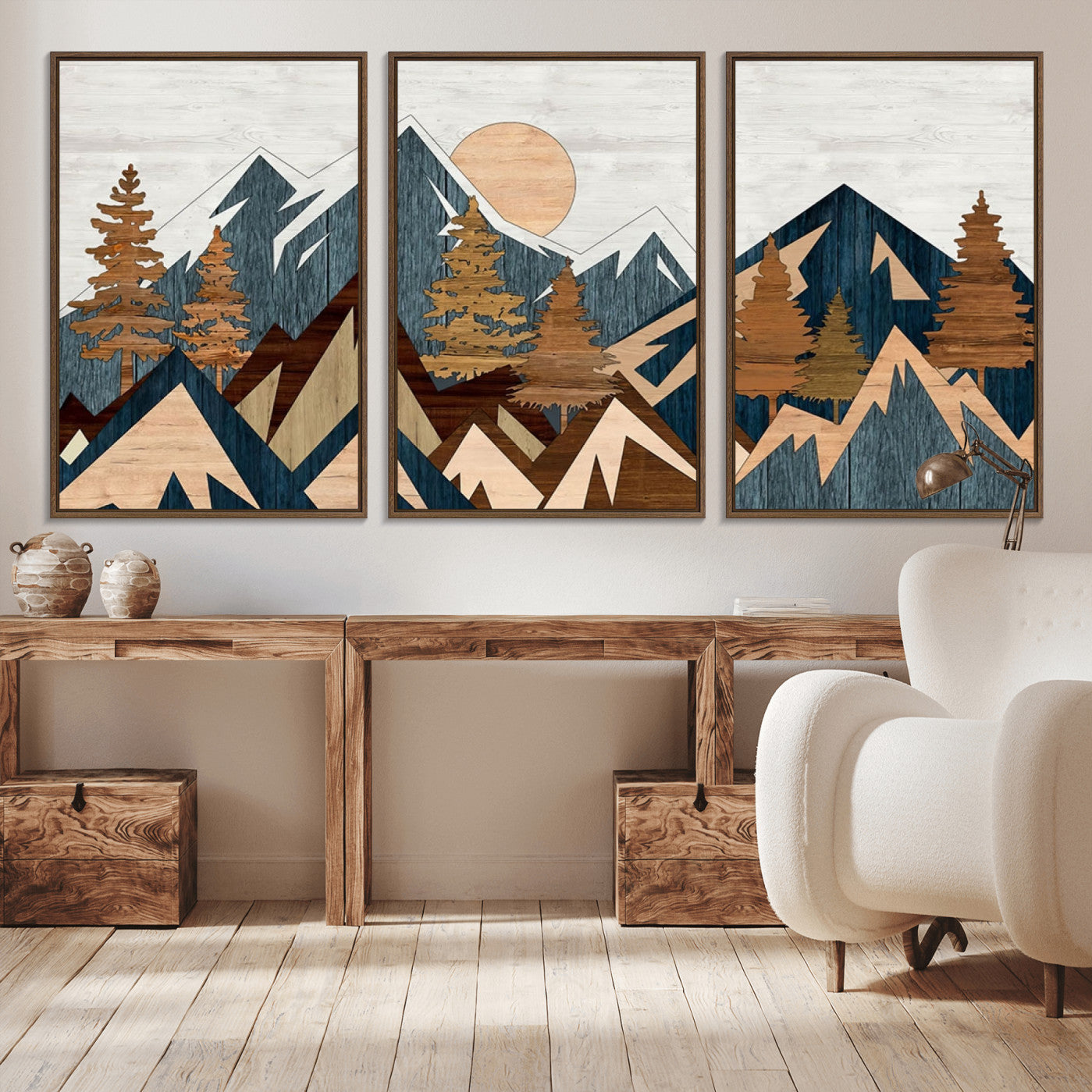 91467-MGV-FC-60X30-3P_Walnut-Abstract Wood Panel Effect Mountain Range Top Wall Art Canvas Print