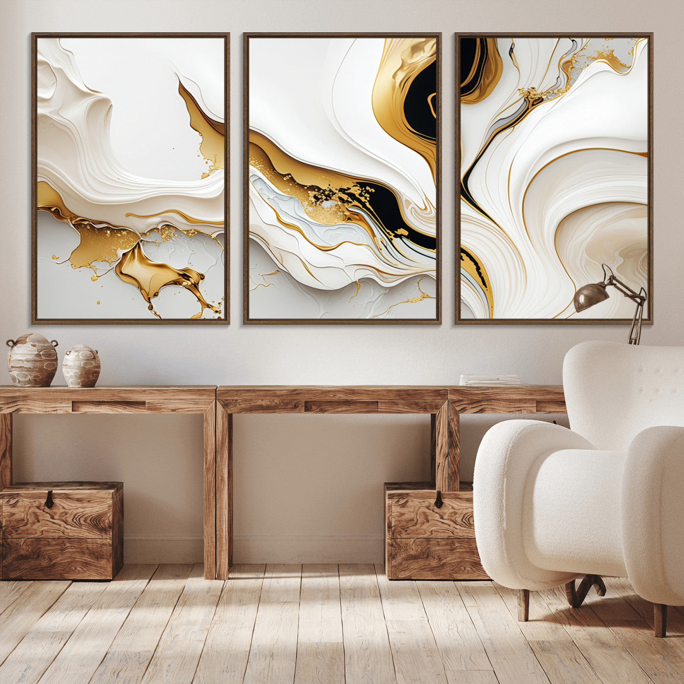 98637-MGV-CV-36X24-Gold Waves on Pure White Canvas – Gold Abstract Art for Modern Interiors | Wall Art Canvas, Framed &