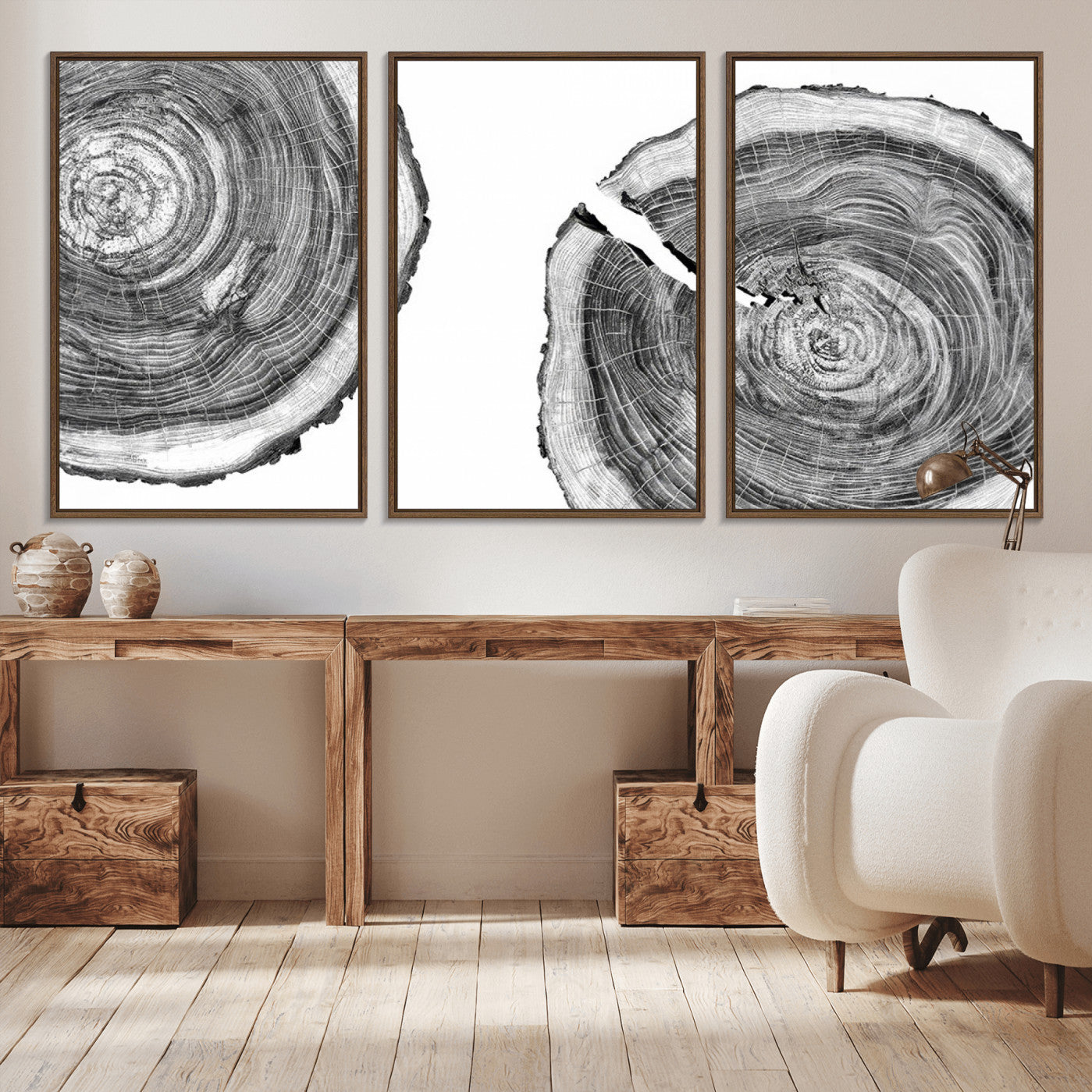 23016-MGV-CV-36X24-Modern Black and White Tree Rings Canvas Wall Art – Nature Inspired Wood Slice Print – Minimalist