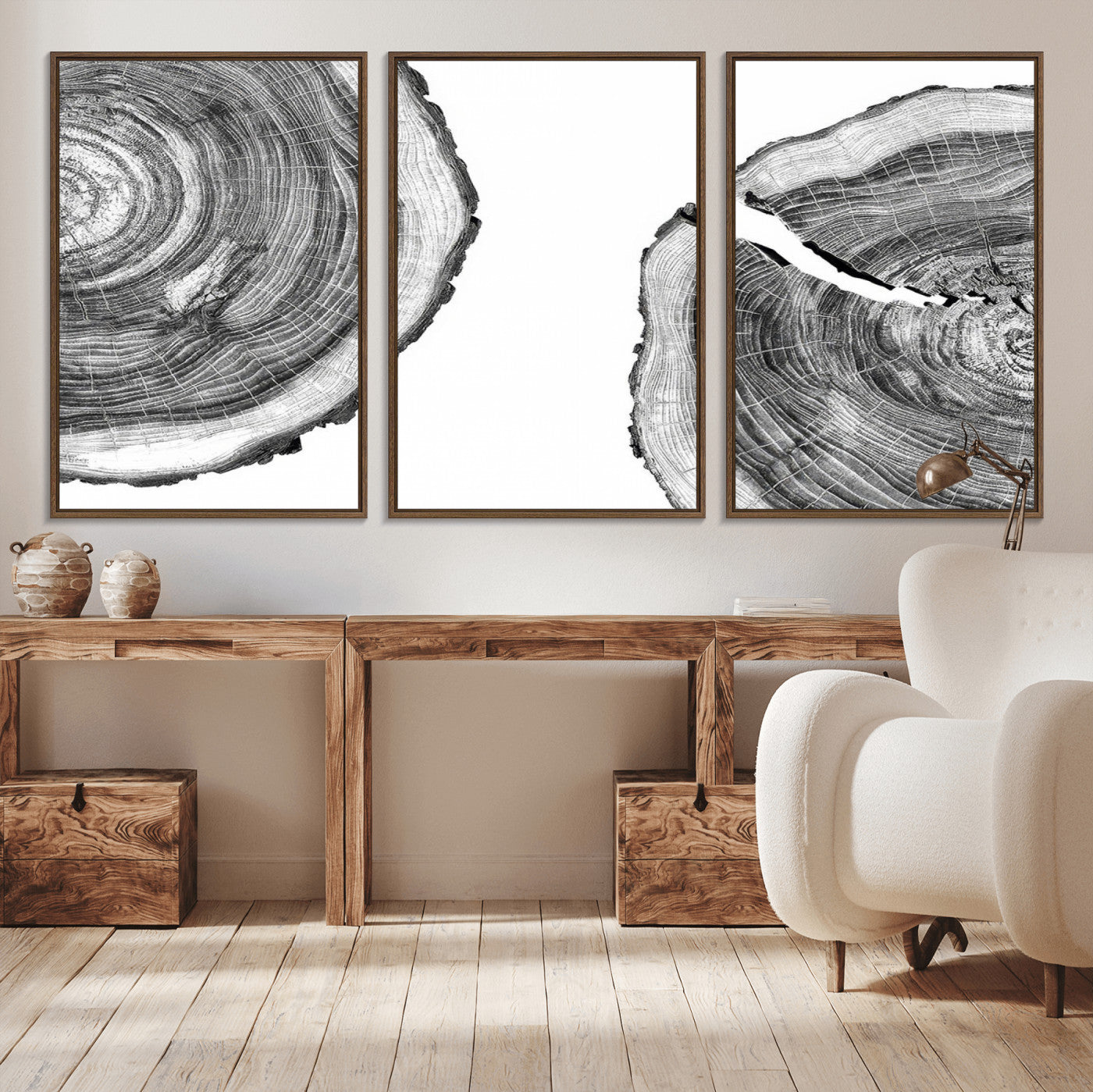 52770-MGV-CV-36X24-Abstract Large Tree Rings – Minimalist Black and White Wood Art | Triptych Canvas, Modern Wall Decor