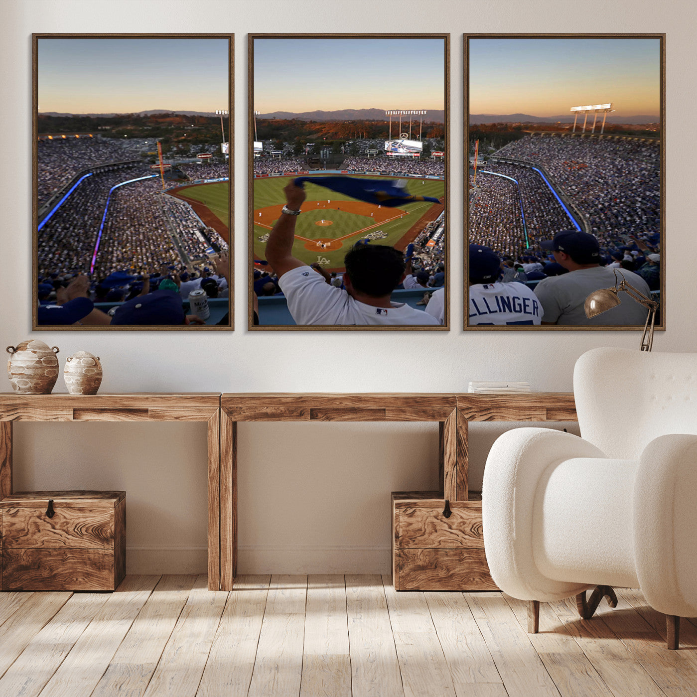 60162-MGV-CV-36X24-Dodger Stadium Sunset Game Triple Canvas Wall Art - Los Angeles Dodgers MLB Match