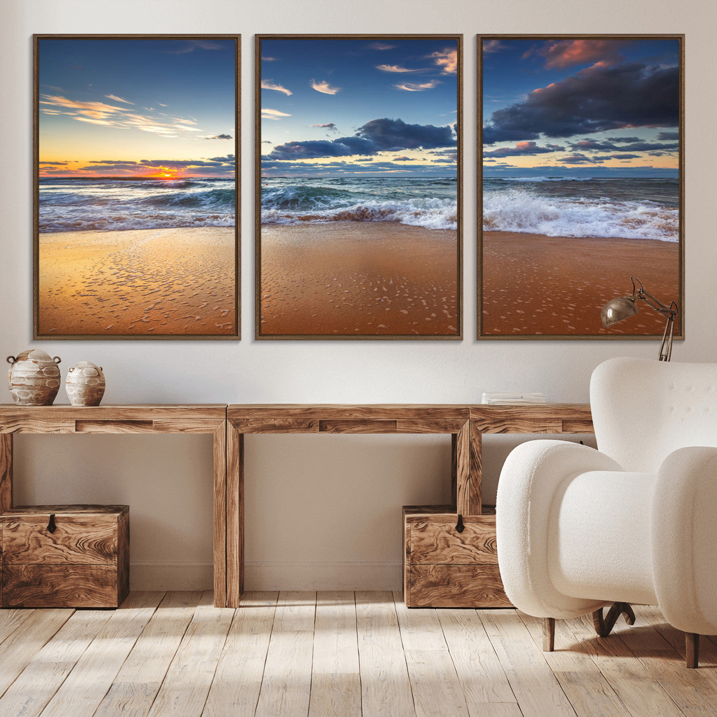 85899-MGV-FC-60X30-3P_Walnut-Beach Canvas Wall Art - Coastal Seascape Print for Living Room or Bedroom, Ocean Waves on Sand,