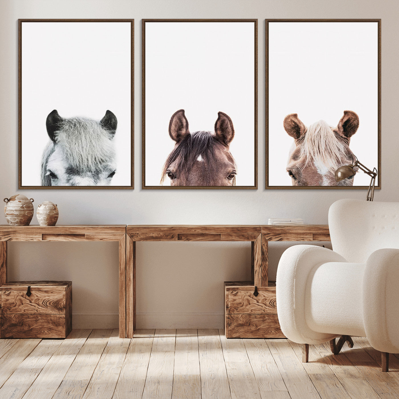 -Horse Wall Art - Minimalist Horse Triptych Wall Art – Modern 3-Panel Giclée Canvas Featuring Horse