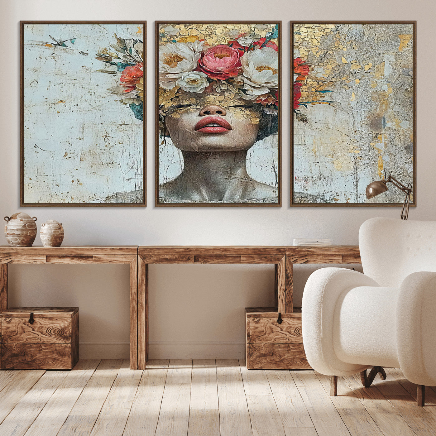26919-MGV-CV-36X24-Golden Petal Wall Art Canvas Print - Silhouette Woman Wall Art Canvas Print, Floral Woman Portrait