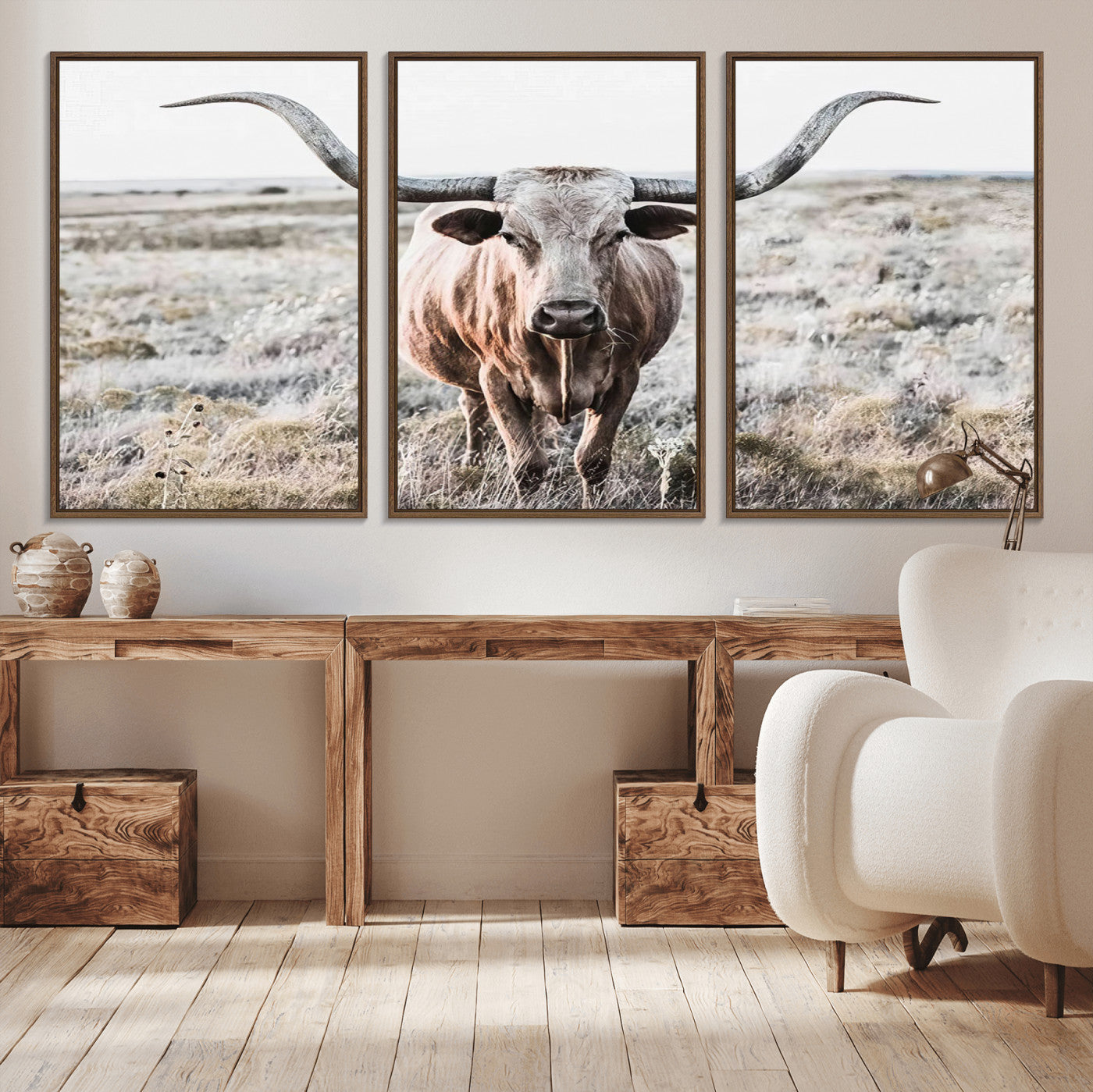 -Rustic Texas Longhorn Wall Art Canvas Print | Western Farmhouse Decor for Living Room or Office,