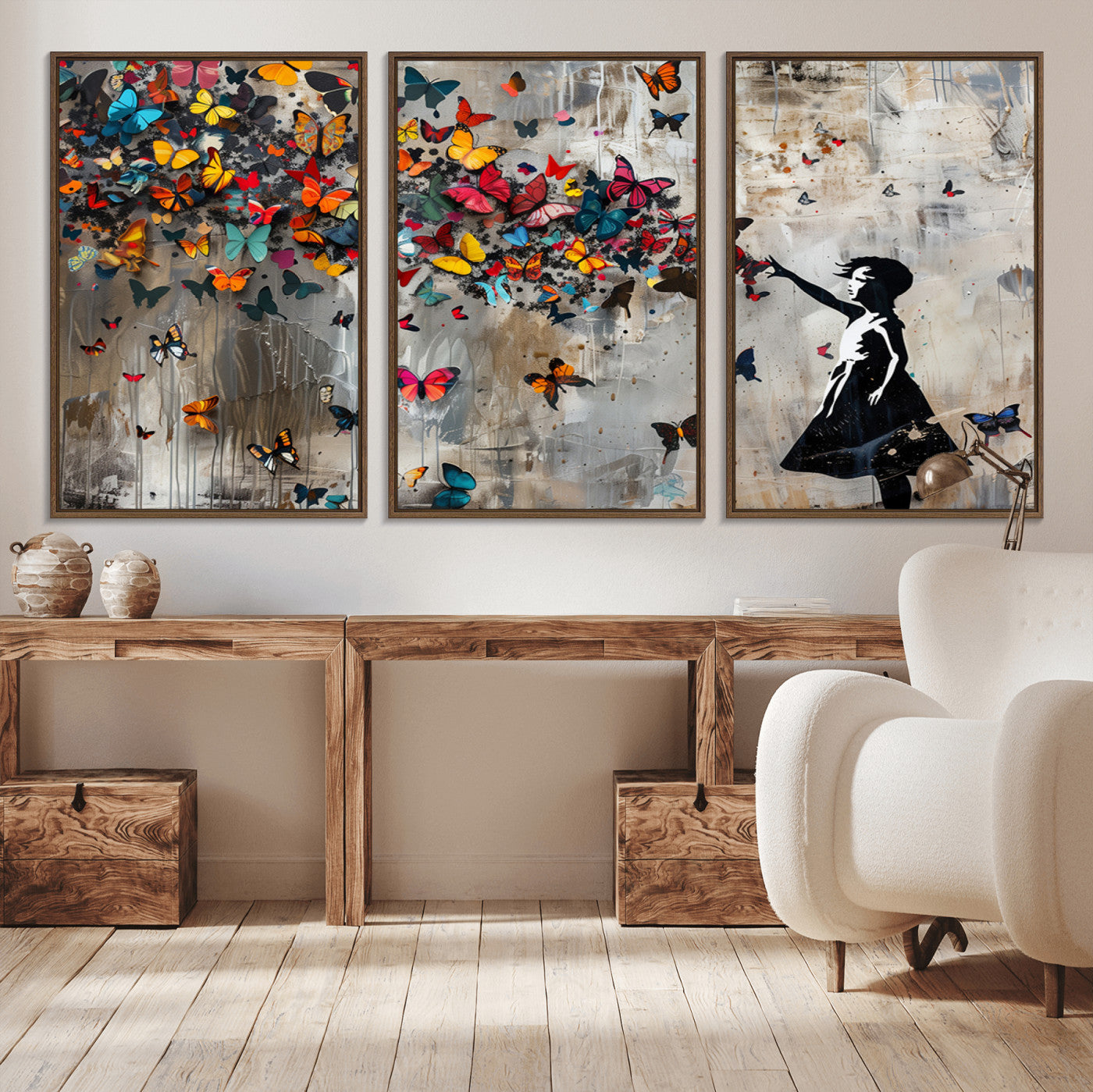 40269-MGV-CV-36X24-Banksy Wall Art - Banksy Girl and Butterfly Explosion Wall Art Canvas Print | Girl with Butterflies