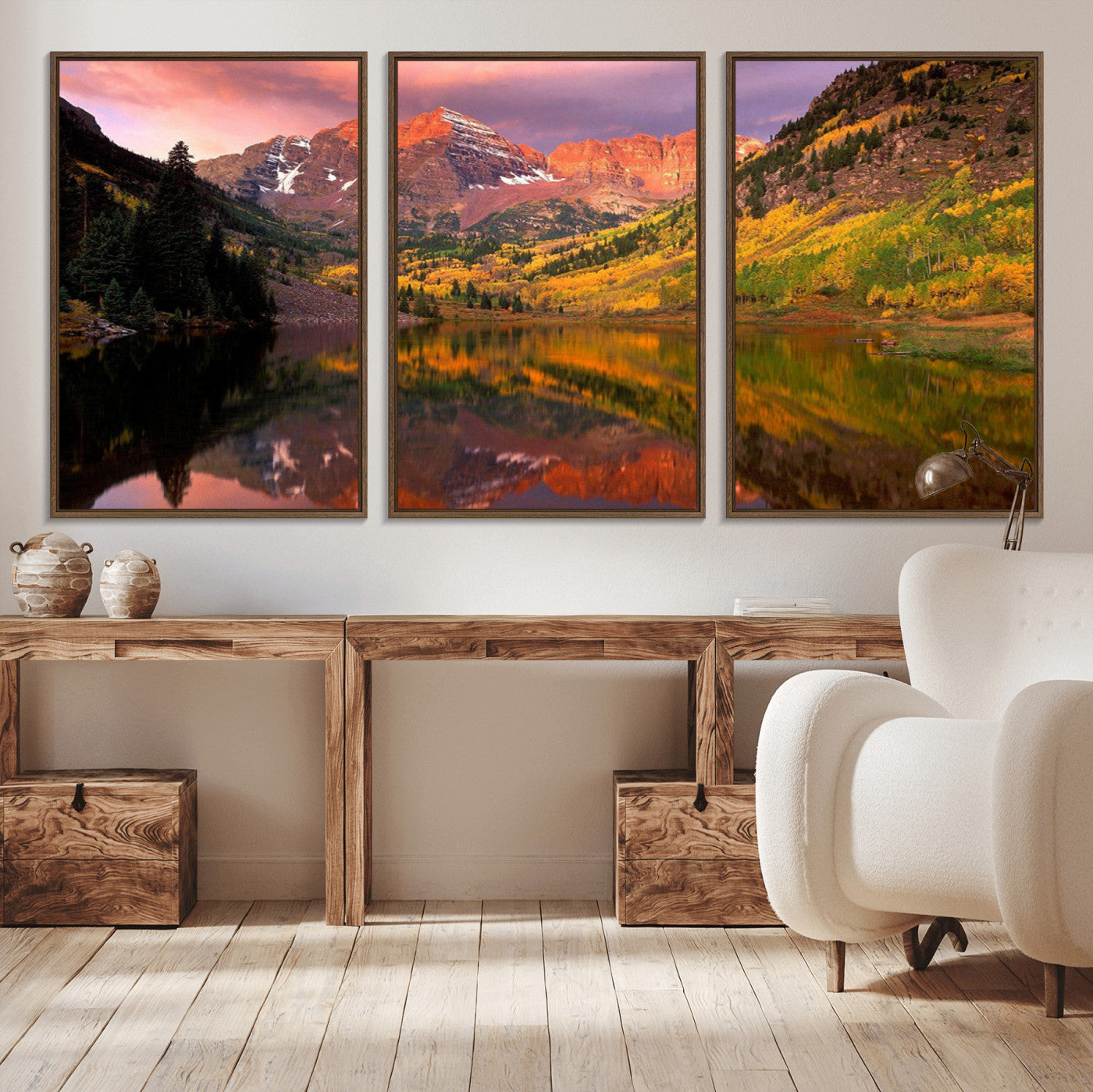 86946-MGV-FC-60X30-3P_Walnut-Colorado Rockies Mountain Sunset Wall Art | Ready to Hang and Framed | Scenic Nature Landscape
