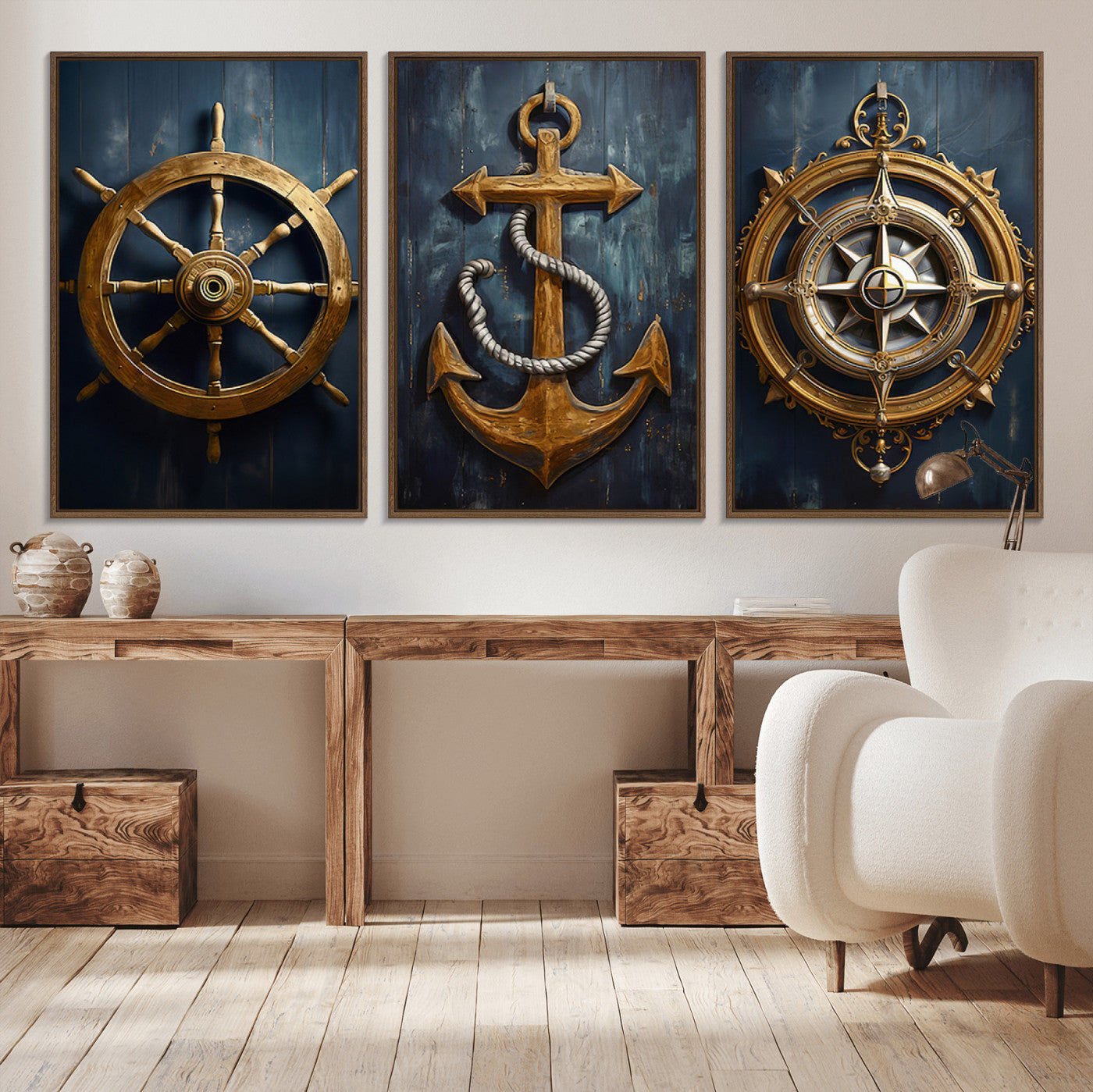 56214-MGV-FC-60X30-3P - Boat Anchor Compass With Rope Wall Art Canvas Print | Beach House Wall Art