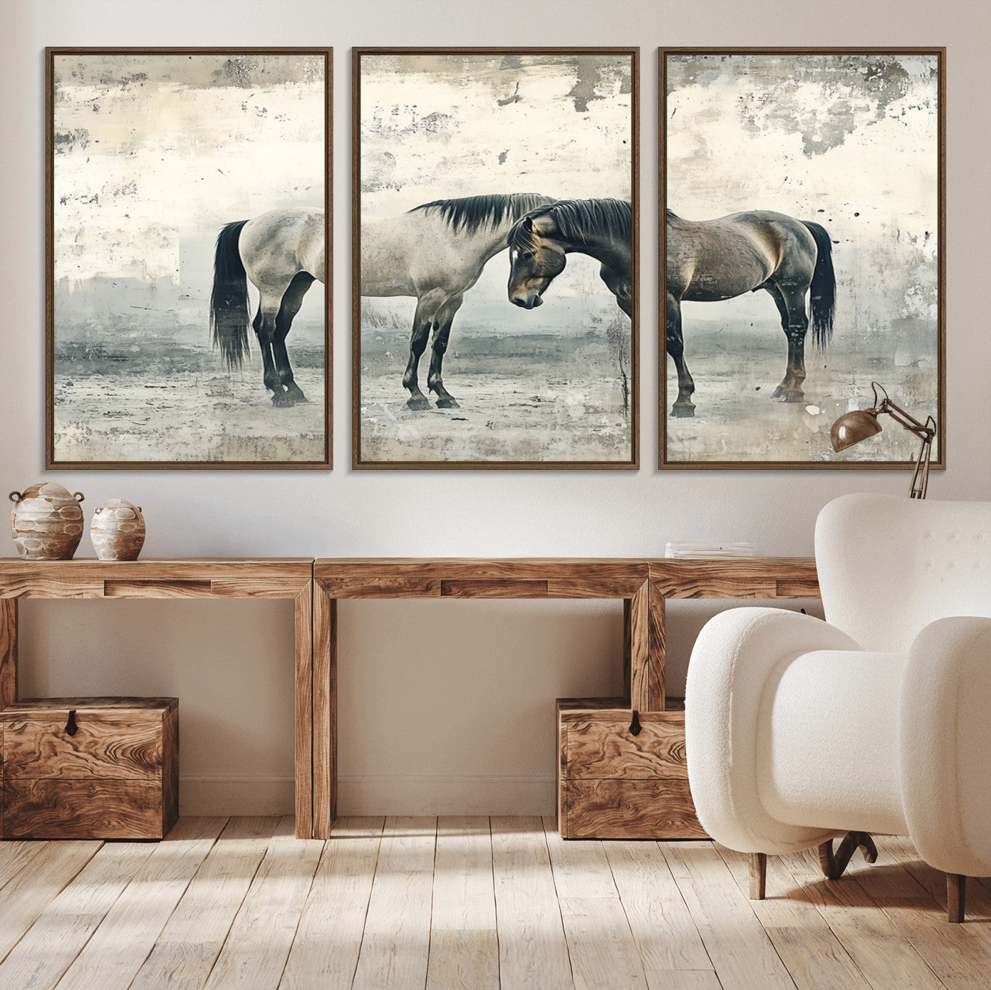 -Chines Style Majestic Horses Wall Art | Ready to Hang and Framed Triptych Print | Western Farmhouse