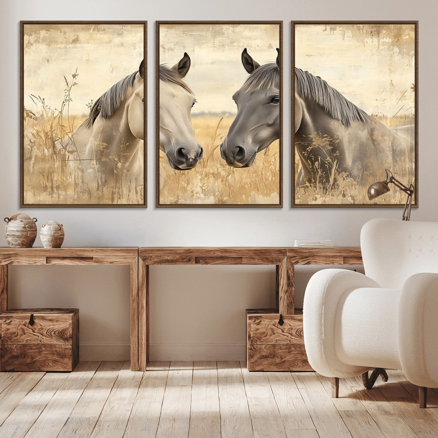 -Chines Ink Style Grunge Horses Wall Art Canvas Print