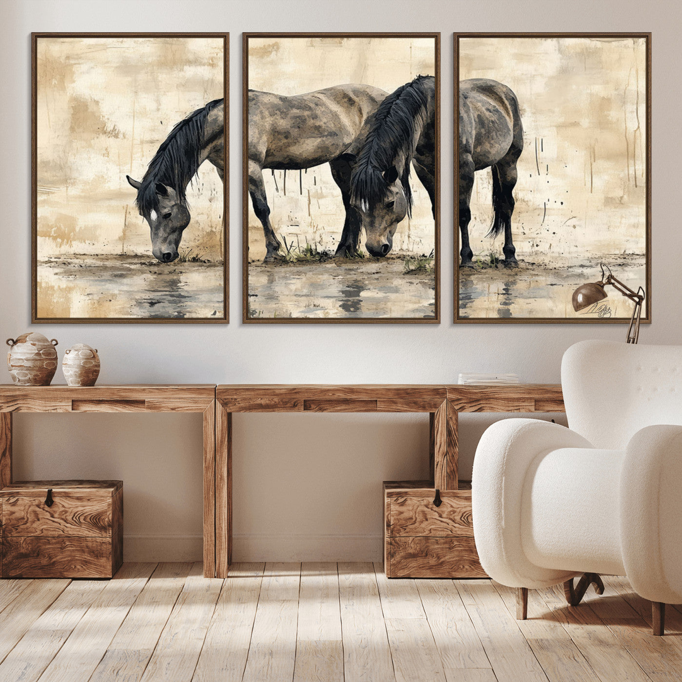 -Chinese Style Abstract Black Horses Wall Art Canvas Print - Abstract Horse Wall Art Canvas Print