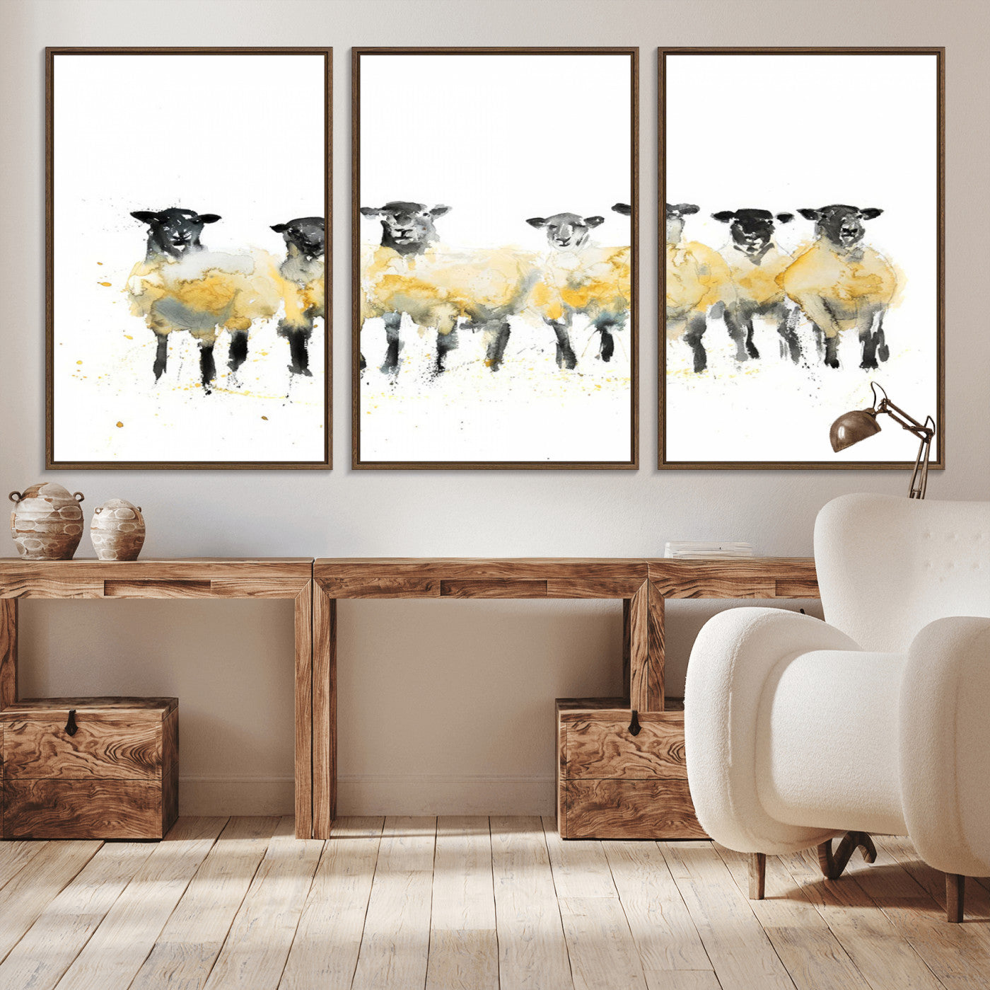 -Farmhouse Wall Art Sheep Print | Ready to Hang Framed Canvas | Rustic Barn Decor