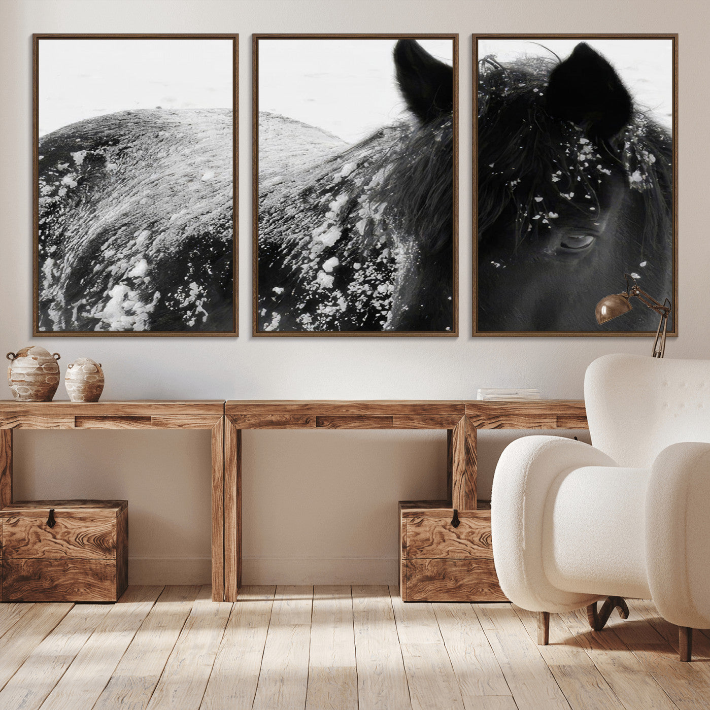 -Black Horse in Snow Canvas Print | Winter Horse Wall Art | Ready to Hang and Framed | Farmhouse Wall