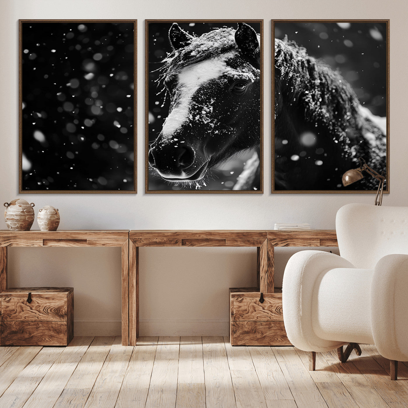 -Winter Horse Wall Art | Black and White Horse Print | Ready to Hang and Framed | Farmhouse Wall Art