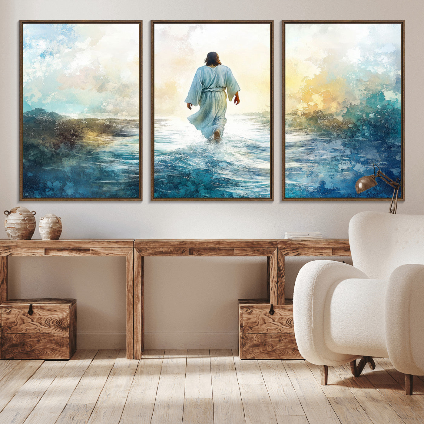 -Watercolor Jesus Walking on Water Canvas Print, Christian Wall Art, Jesus Christ Walking