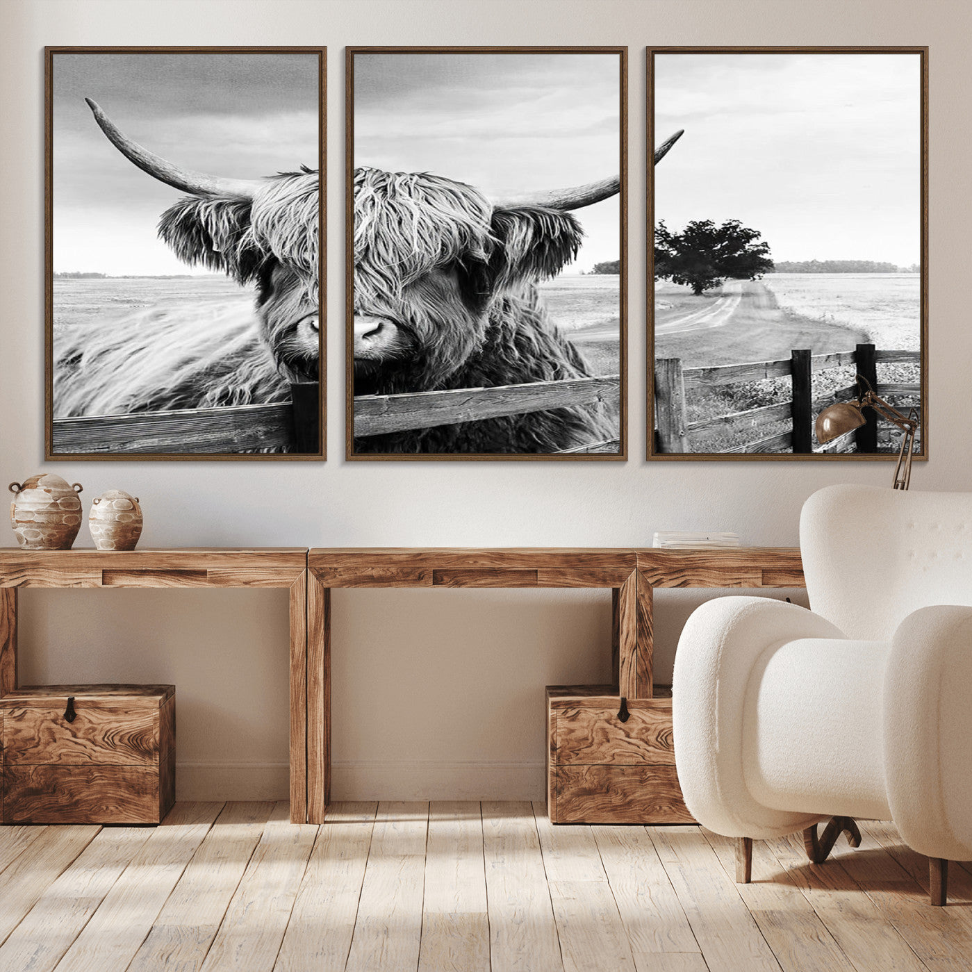 -Scottish Highland Cow Wall Art | Rustic Farmhouse Décor | Black and White Ready to Hang Canvas Print