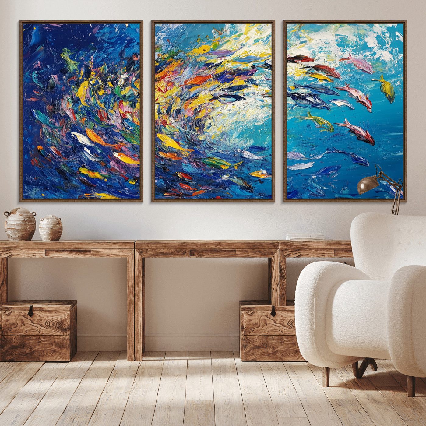 -Colorful Swirling Fish School Wall Art Canvas Print | Oceanic Abstract Painting | Ready to Hang |