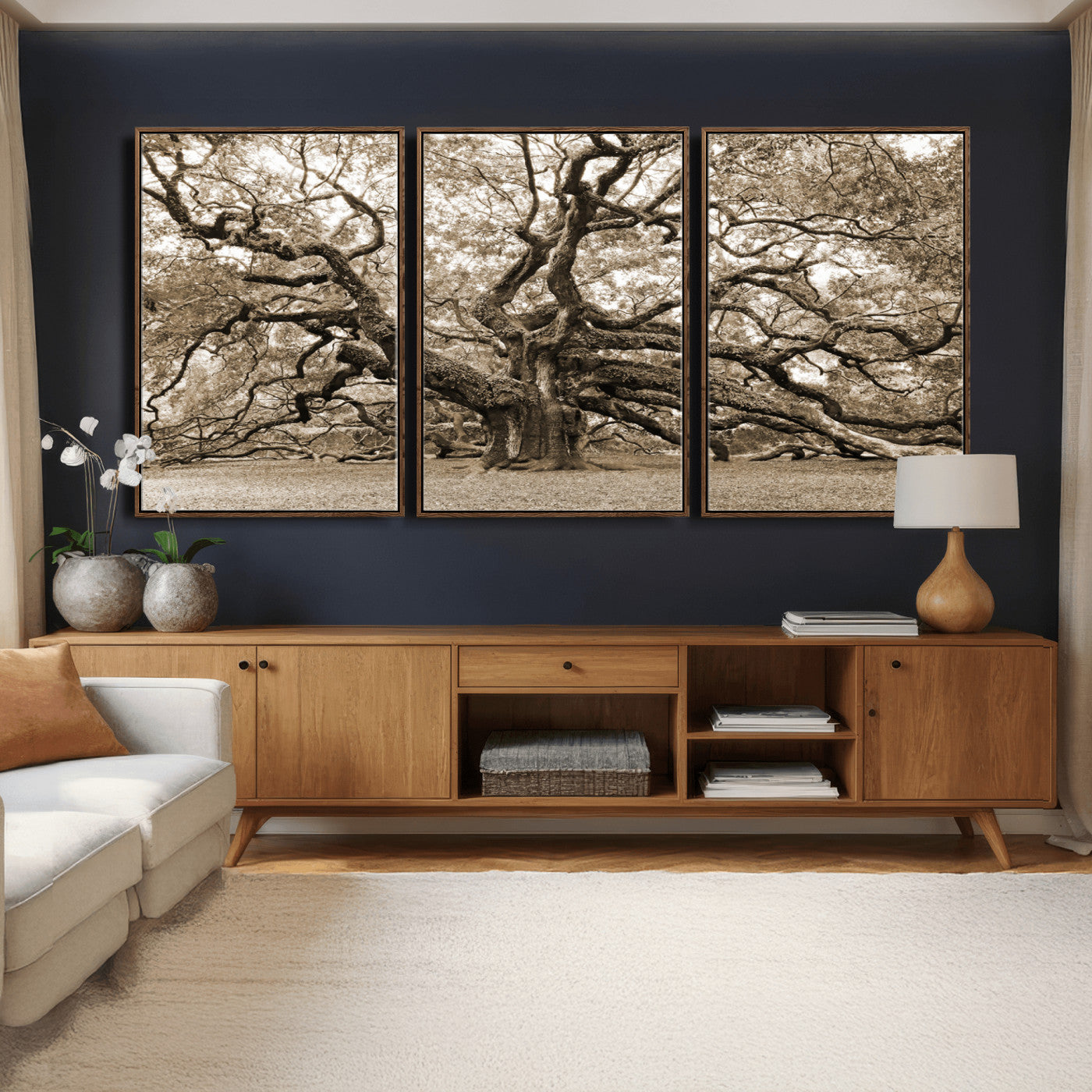 51126-MGV-CV-36X24 - Sepia Framed Angel Oak Tree Wall Art - 3-Panel Canvas Prints, Large Green Nature Artwork, Ready to