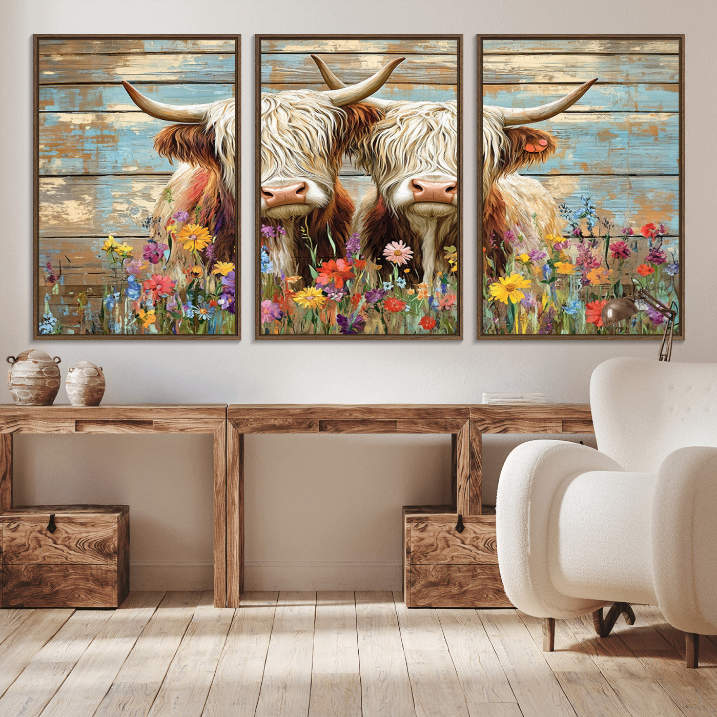 -Cute Highland Cow Canvas Wall Art - Rustic Farmhouse Decor with Colorful Flowers Perfect Wall Art