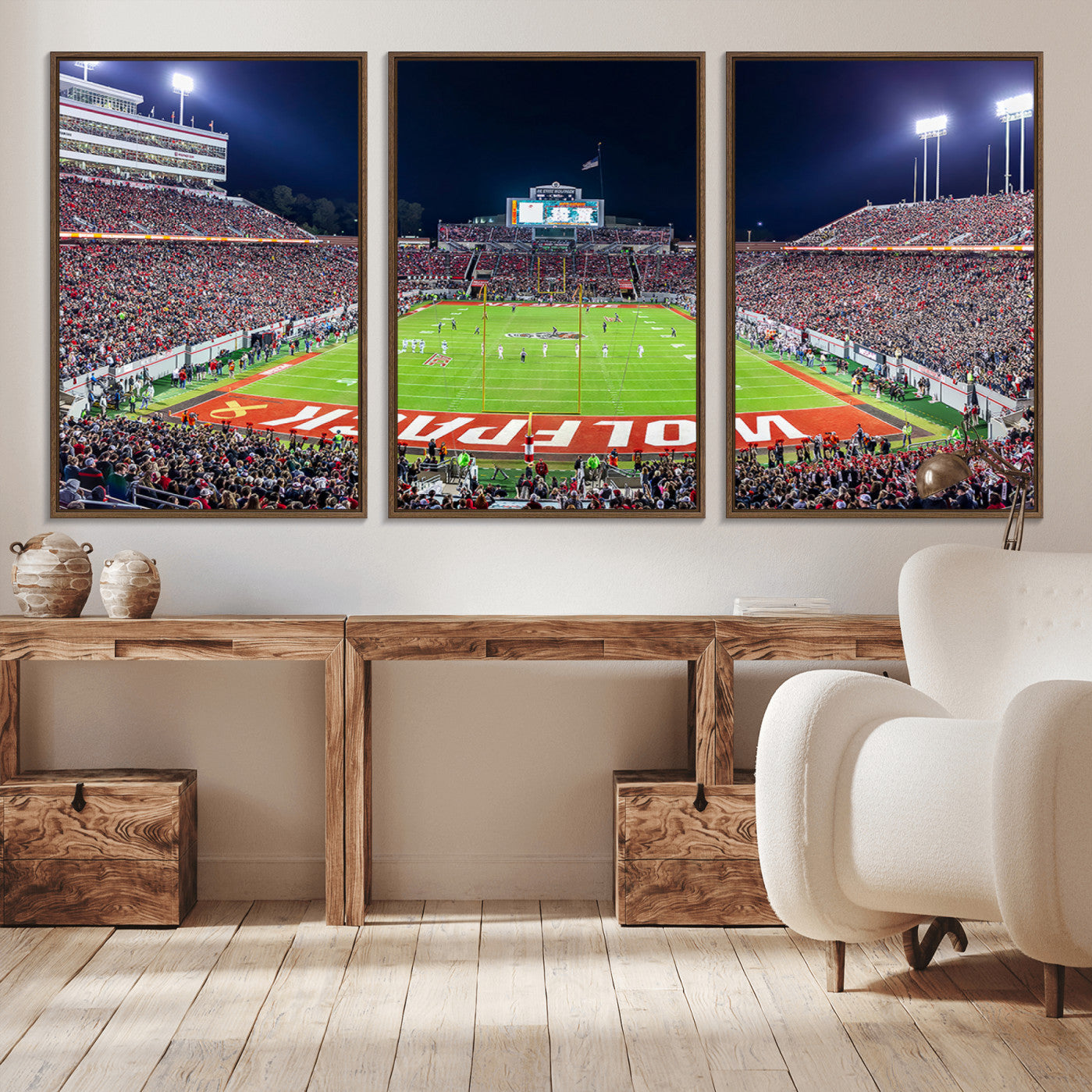 80943-MGV-FC-60X30-3P_Walnut-Wolfpack Football Team Print - Raleigh Carter-Finley Stadium Wall Art Canvas Print