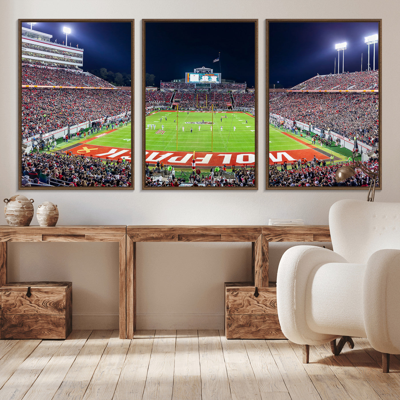 80943-MGV-FC-60X30-3P_Walnut-Wolfpack Football Team Print - Raleigh Carter-Finley Stadium Wall Art Canvas Print