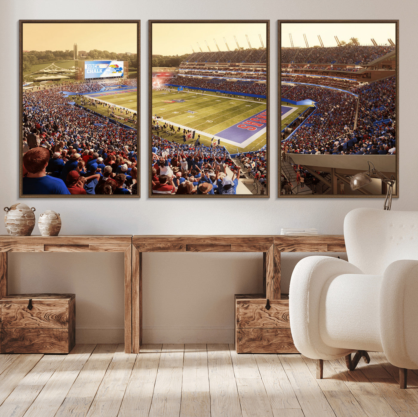 71731-MGV-FC-60X30-3P_Walnut-University of Kansas Jayhawks Football Team Print - Lawrence Kansas Memorial Stadium Wall Art Canvas