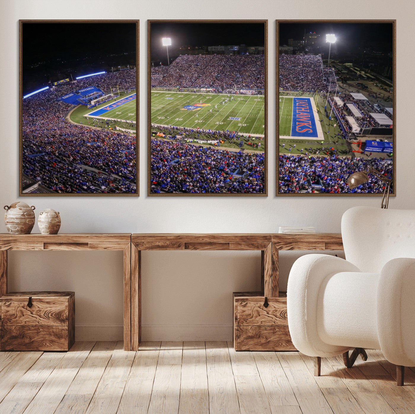 69760-MGV-FC-60X30-3P_Walnut-University of Kansas Jayhawks Football Team Print - Lawrence Kansas Memorial Stadium Wall Art Canvas