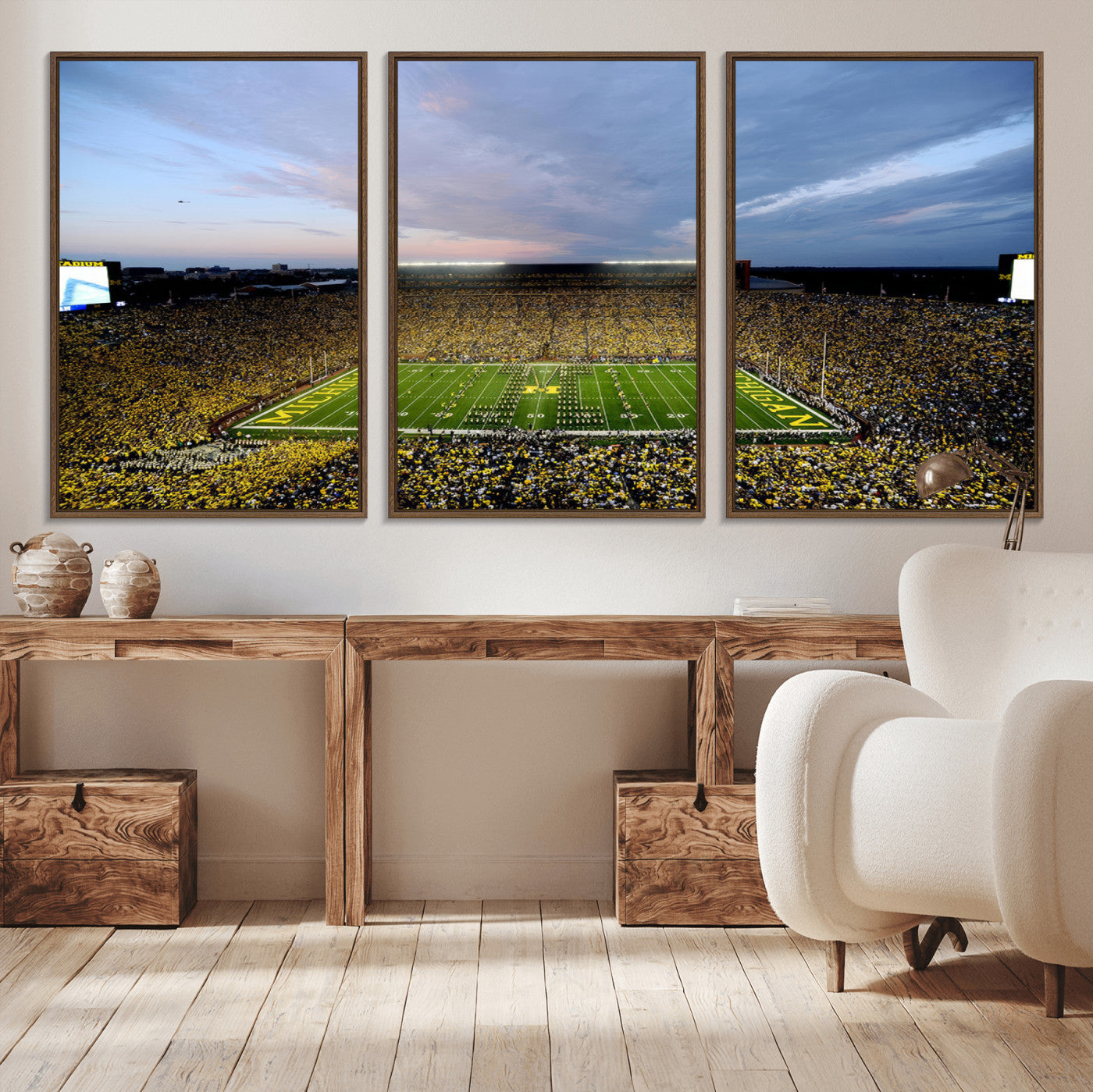 82641-MGV-FC-60X30-3P - Michigan Stadium Wall Art Canvas Print, Vibrant Game Day Crowd and Sunset Sky Football Field Artwork for Home, Office