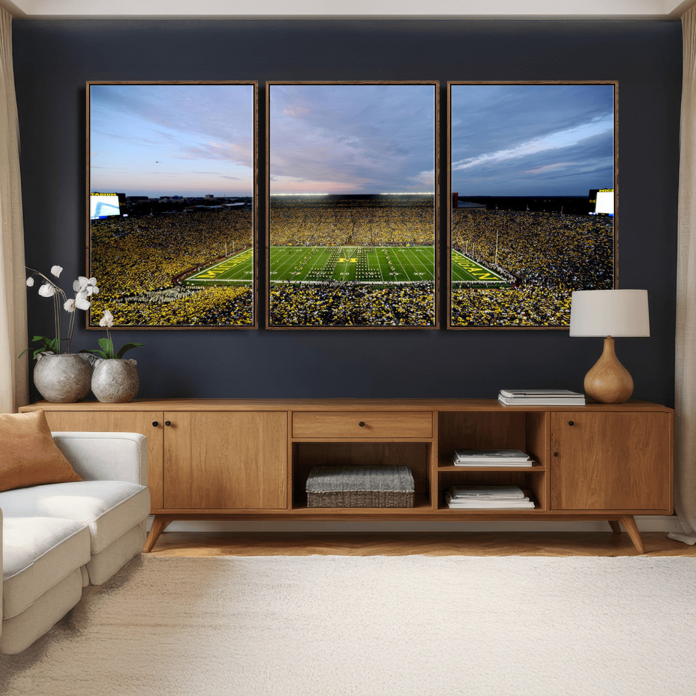 82641-MGV-CV-36X24 - Michigan Stadium Wall Art Canvas Print, Vibrant Game Day Crowd and Sunset Sky Football Field Artwork for Home, Office