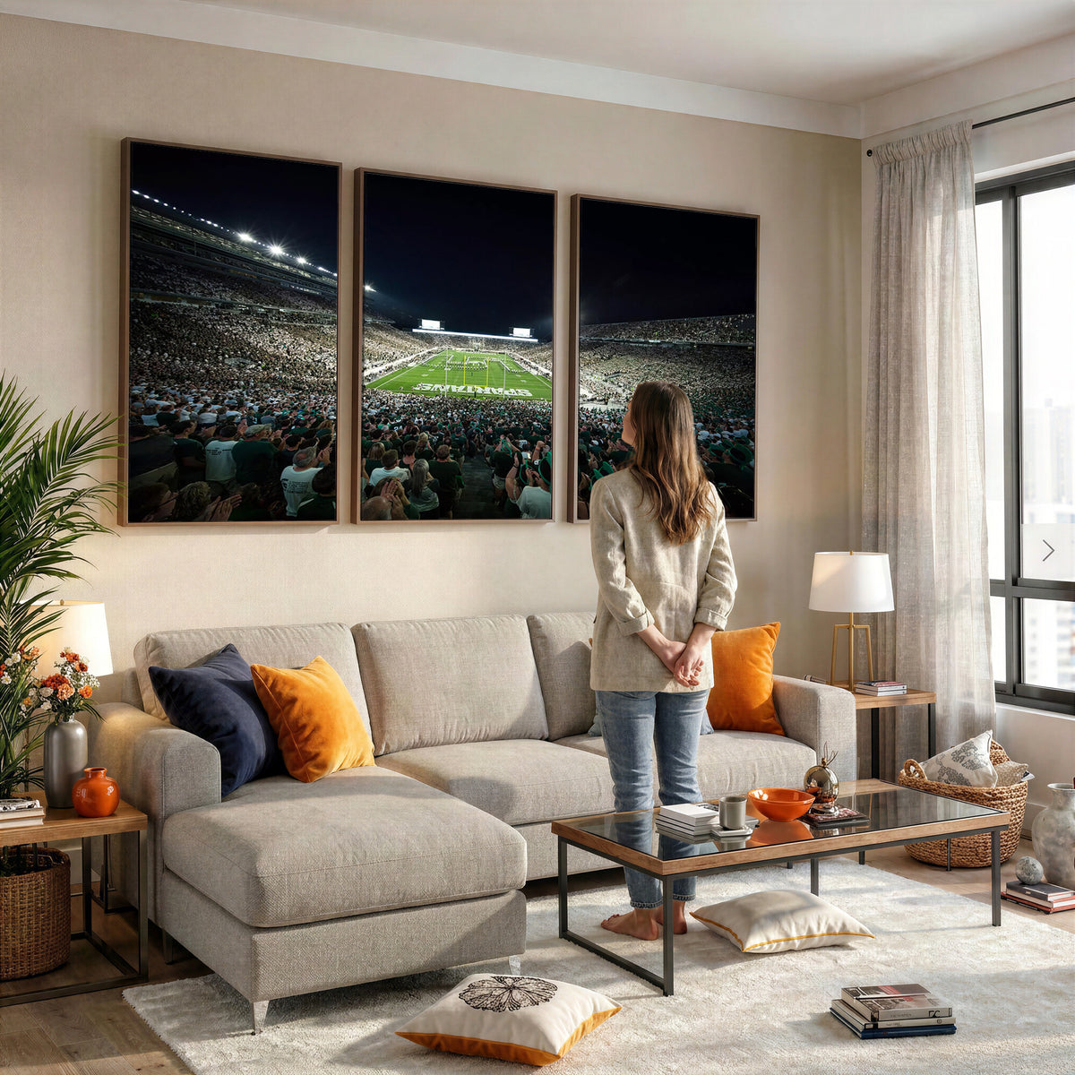57523-PAN-FL-20X10 - Framed Michigan State Spartans Football Team Print - East Lansing Spartan Stadium Wall Art Canvas