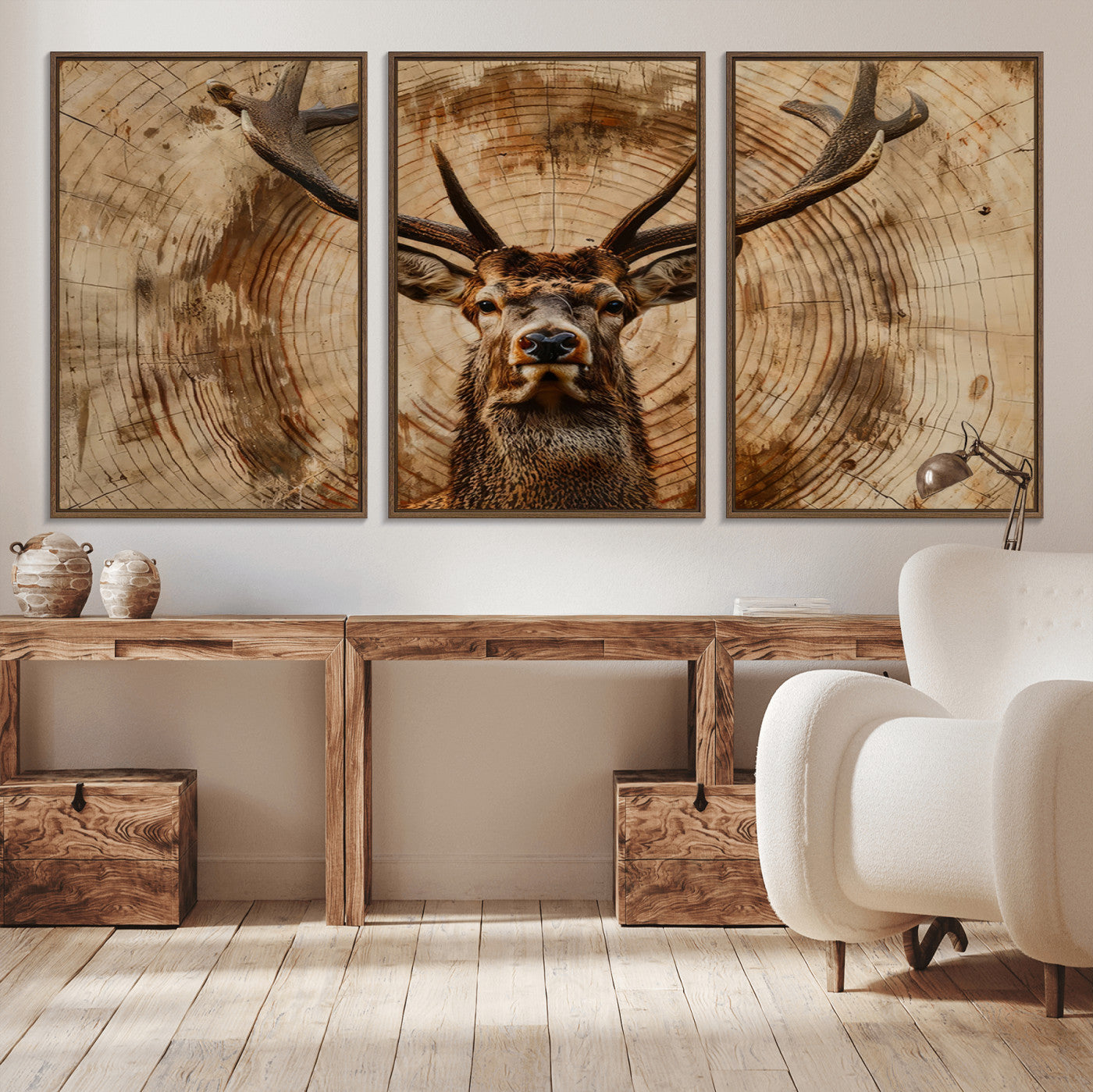 19375-MGV-CV-36X24-Wood Abstract Deer Wall Art | Rustic Wildlife Canvas Print | Ready to Hang Stag Head Triptych for
