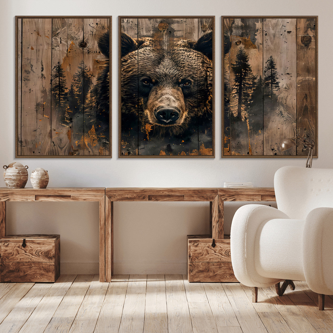 76998-MGV-CV-36X24-Rustic Grizzly 399 Wall Art | Triptych Canvas Print | Rustic Cabin Wall Decor | Perfect for