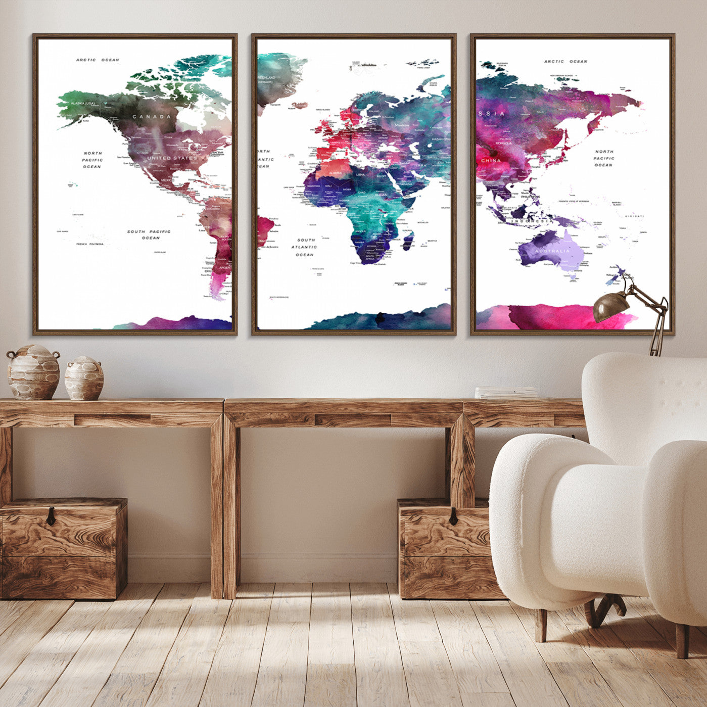 78176-MGV-CV-36X24-Colorful Watercolor World Map Canvas Wall Art – Framed Modern Map Print, Vibrant Travel Inspired Artwork for Home and Office Decor