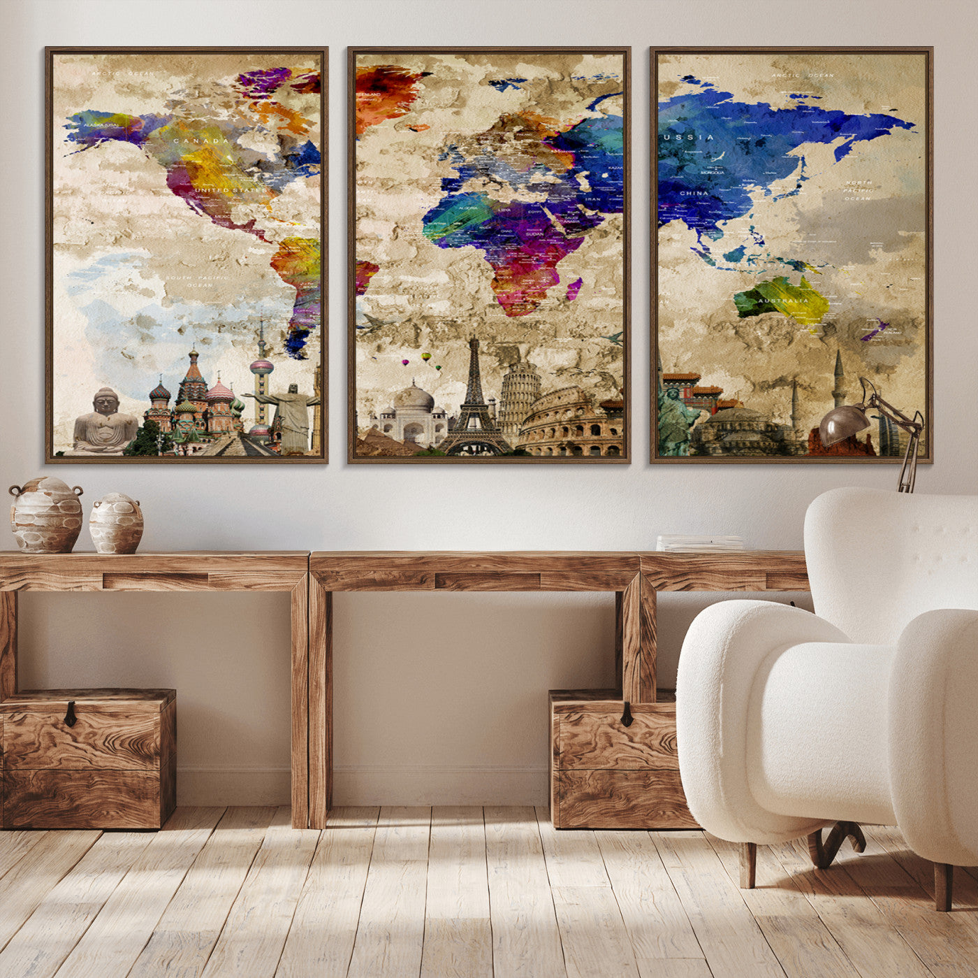 -Push Pin World Map Canvas Print – Framed Travel Tracker Wall Art for Couples, Anniversary Gift and Modern Home Decor