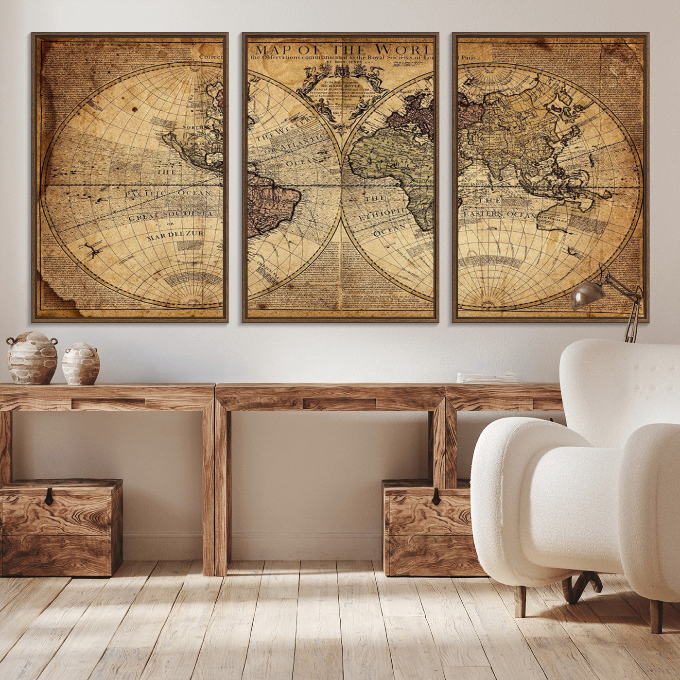-Vintage World Map Wall Art Canvas – Antique Style Push Pin Travel Map, Framed Decorative Wall Decor for Home, Office