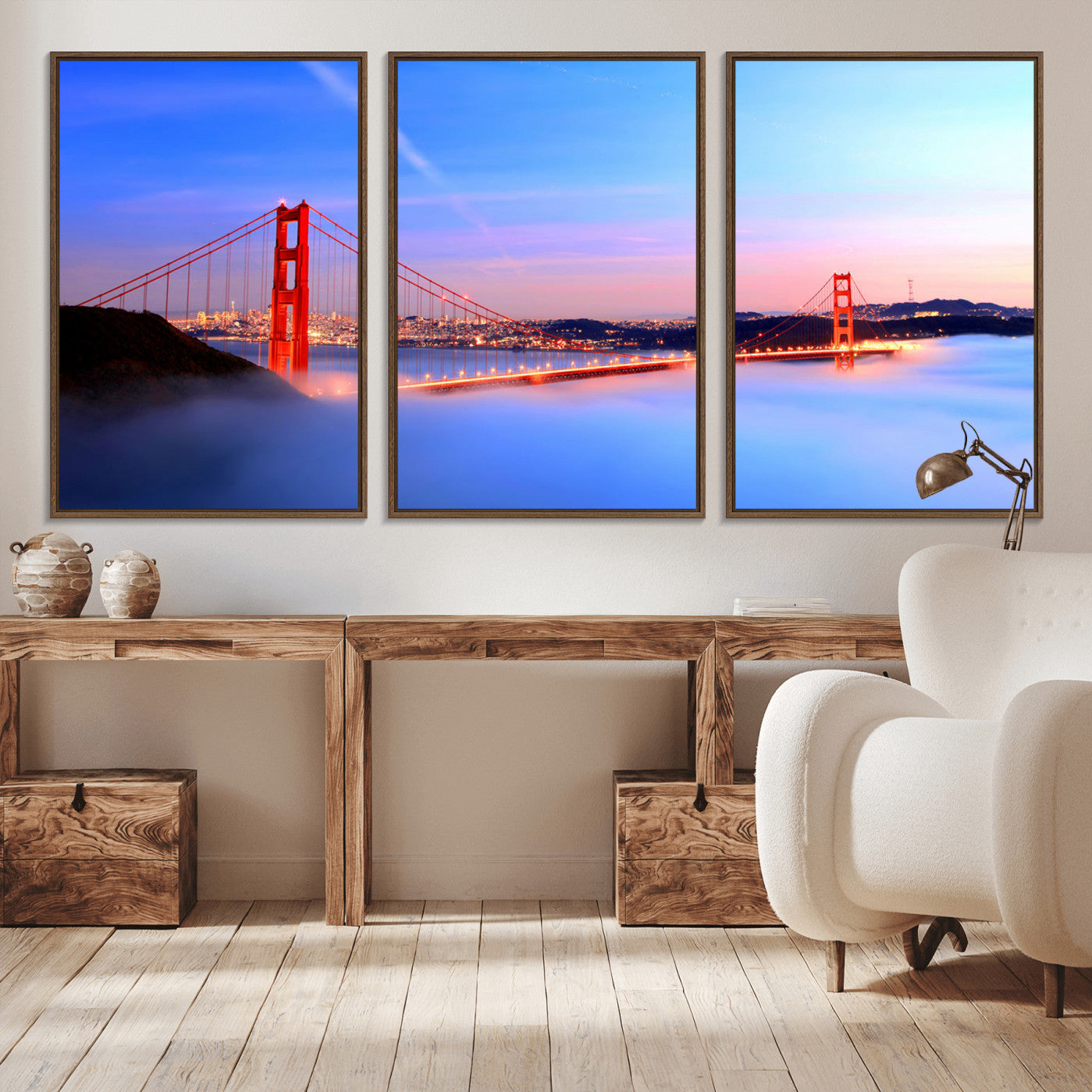 MGV-FC-60X30-3P - Golden Gate Bridge Wall Art Print, San Francisco Sunset Canvas Wall Art, Cityscape Canvas Print for
