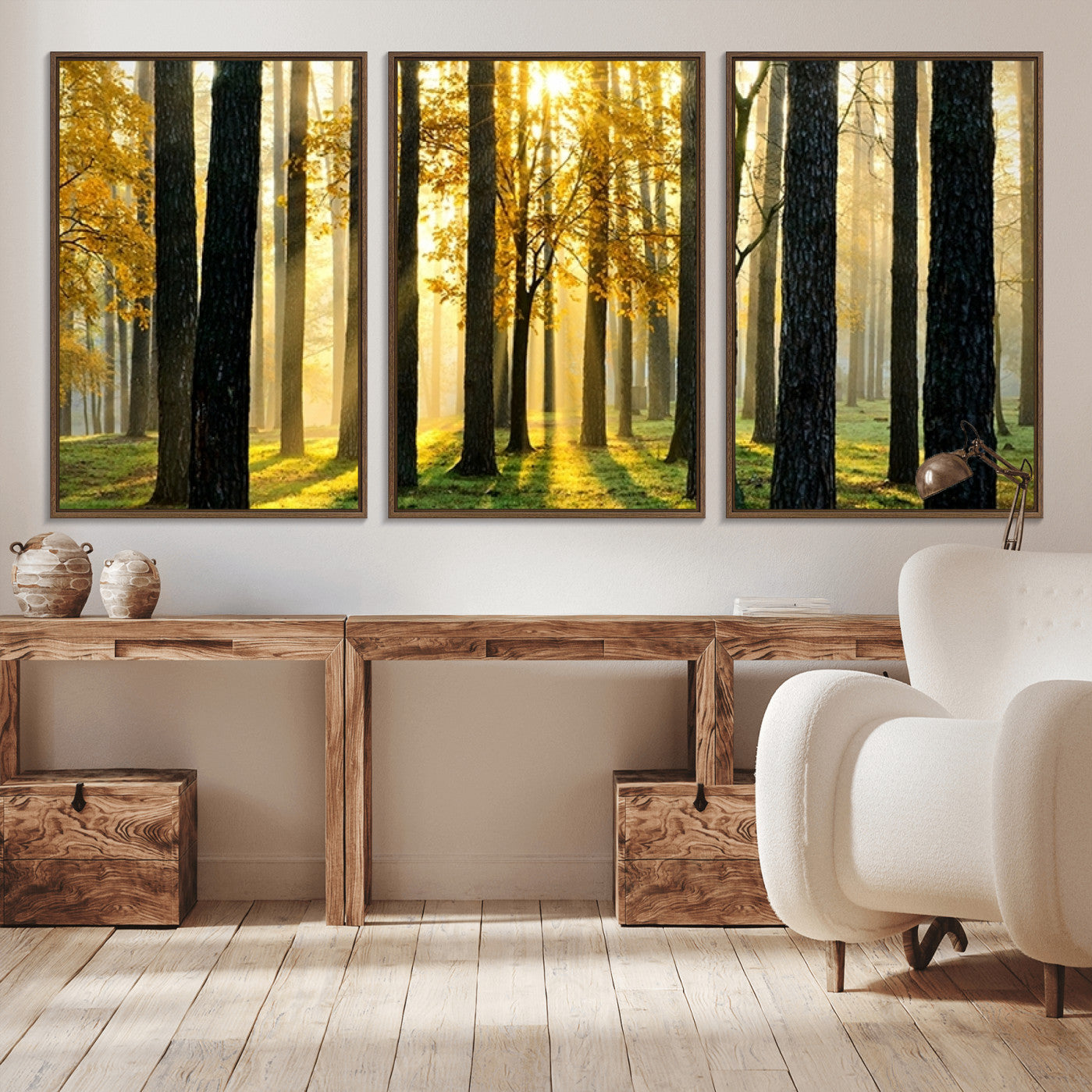 -Sunlit Forest Wall Art Canvas Print - Large Framed Woodland Wall Art for Home or Office Decor,