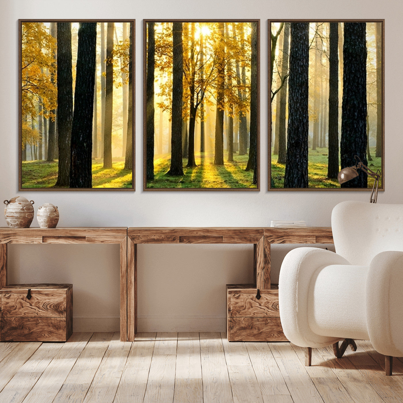 60024-MGV-CV-36X24-Sunlit Forest Wall Art Canvas Print – Large Framed Woodland Landscape Artwork for Home, Office, Living Room