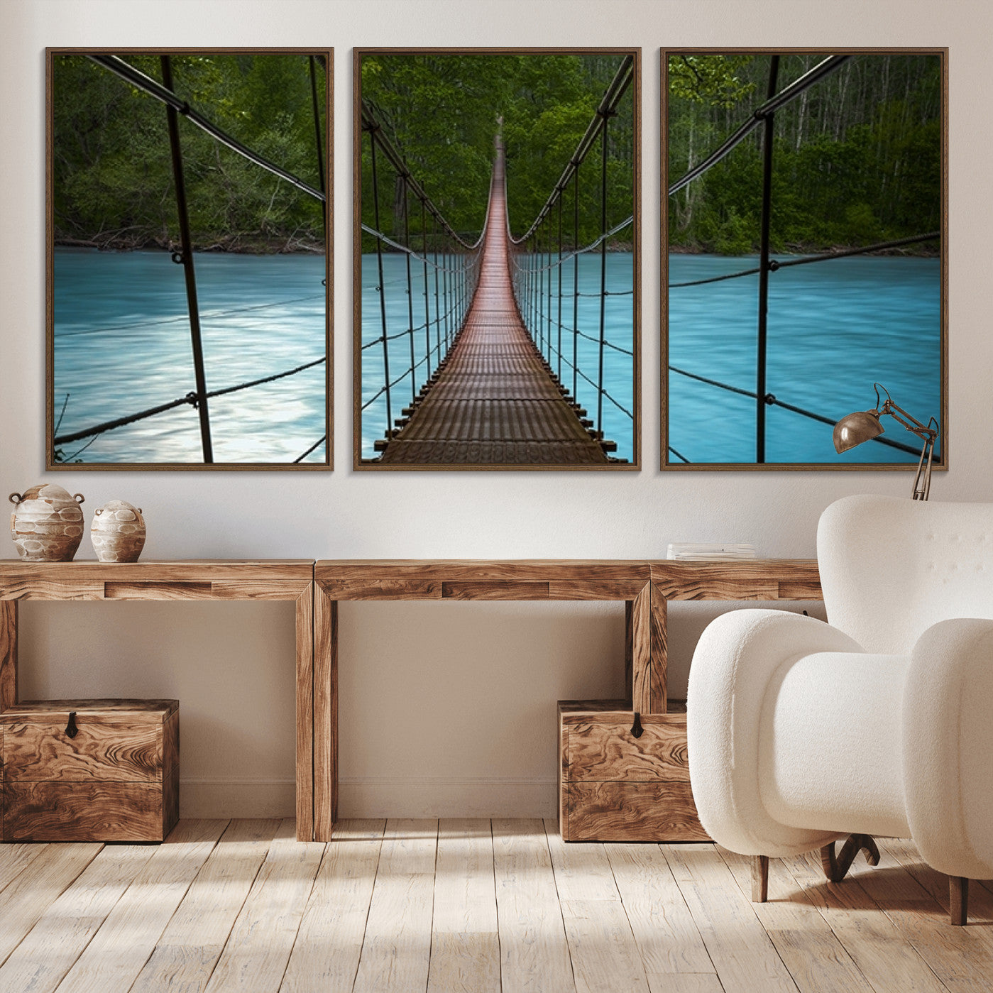 -Suspension Bridge Over River Canvas Art | 3-Panel Nature Photography | Scenic Wall Art for Living