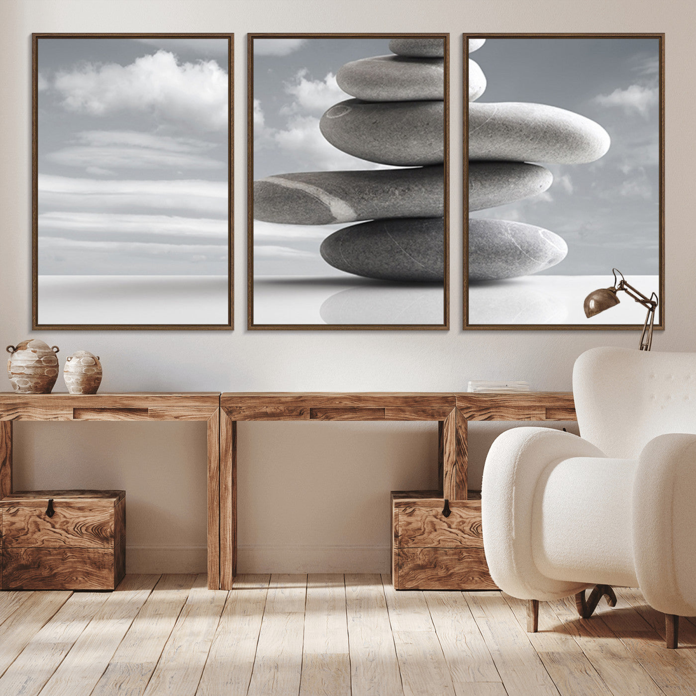 -Still Life Black and White Zen Stones Wall Art Canvas, Framed Black and White Zen Stones Canvas