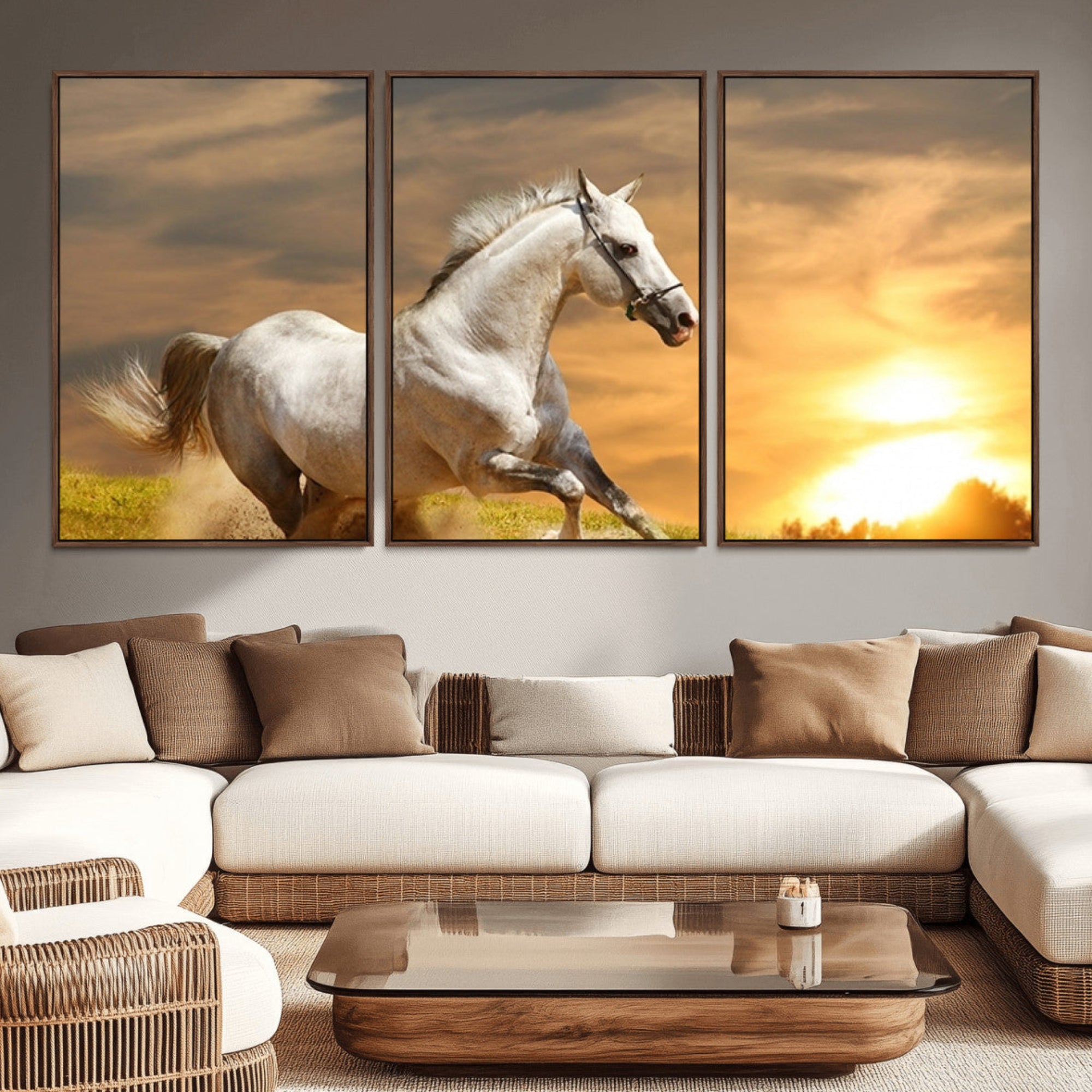 27413-MGV-CV-36X24-Large Wall Art Galloping White Horse at Sunset Canvas Print