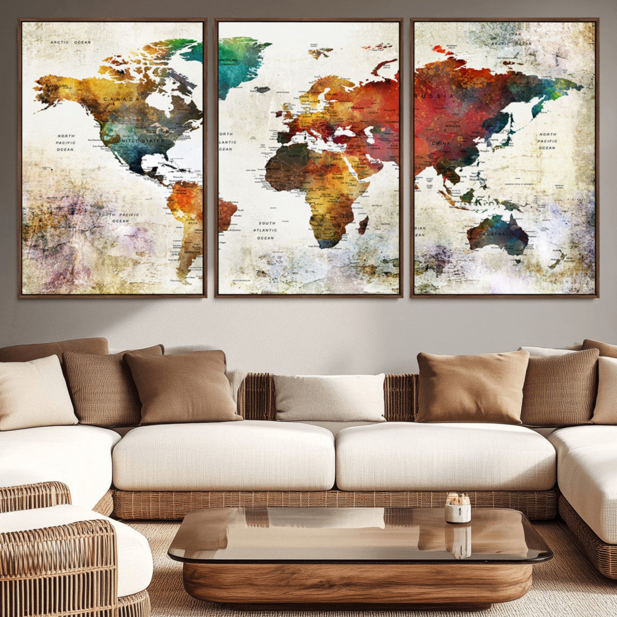 92207-MGV-CV-36X24-Watercolor World Map Canvas Print – Framed Push Pin Wall Art for Couples, Artistic Travel Map for Modern Home and Office Decor