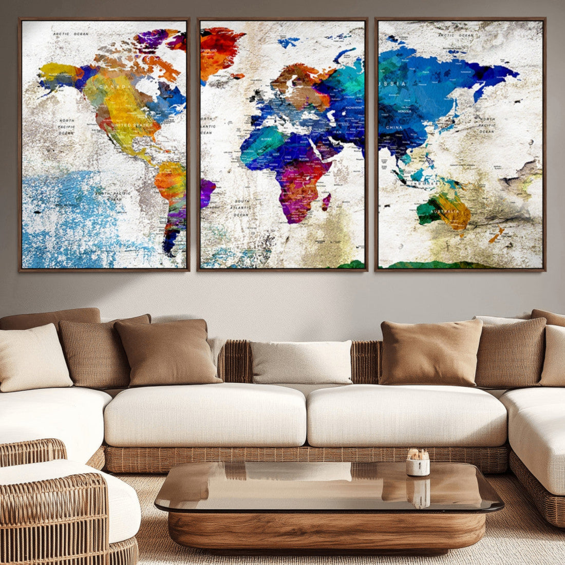 Navy Blue Watercolor World Map Canvas Print | Framed Travel Map Wall Art
